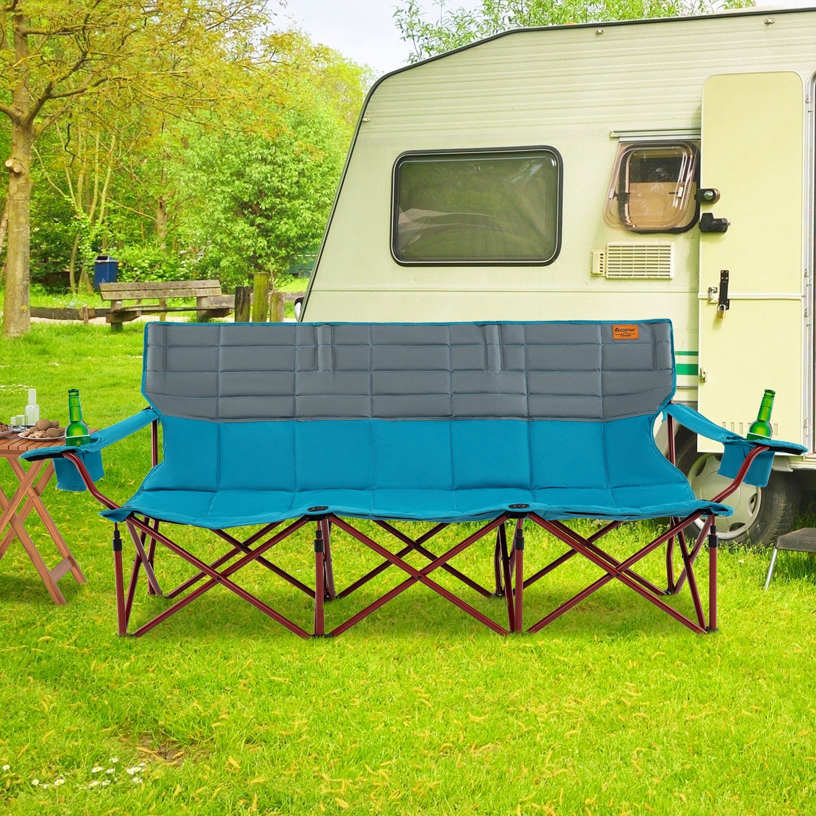 3 Person Folding Camping Chair with 2 Cup Holders & Storage Bag-Blue
