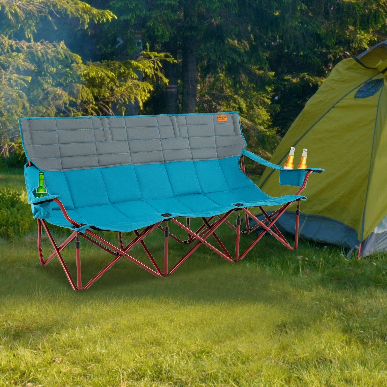 3 Person Folding Camping Chair with 2 Cup Holders & Storage Bag-Blue