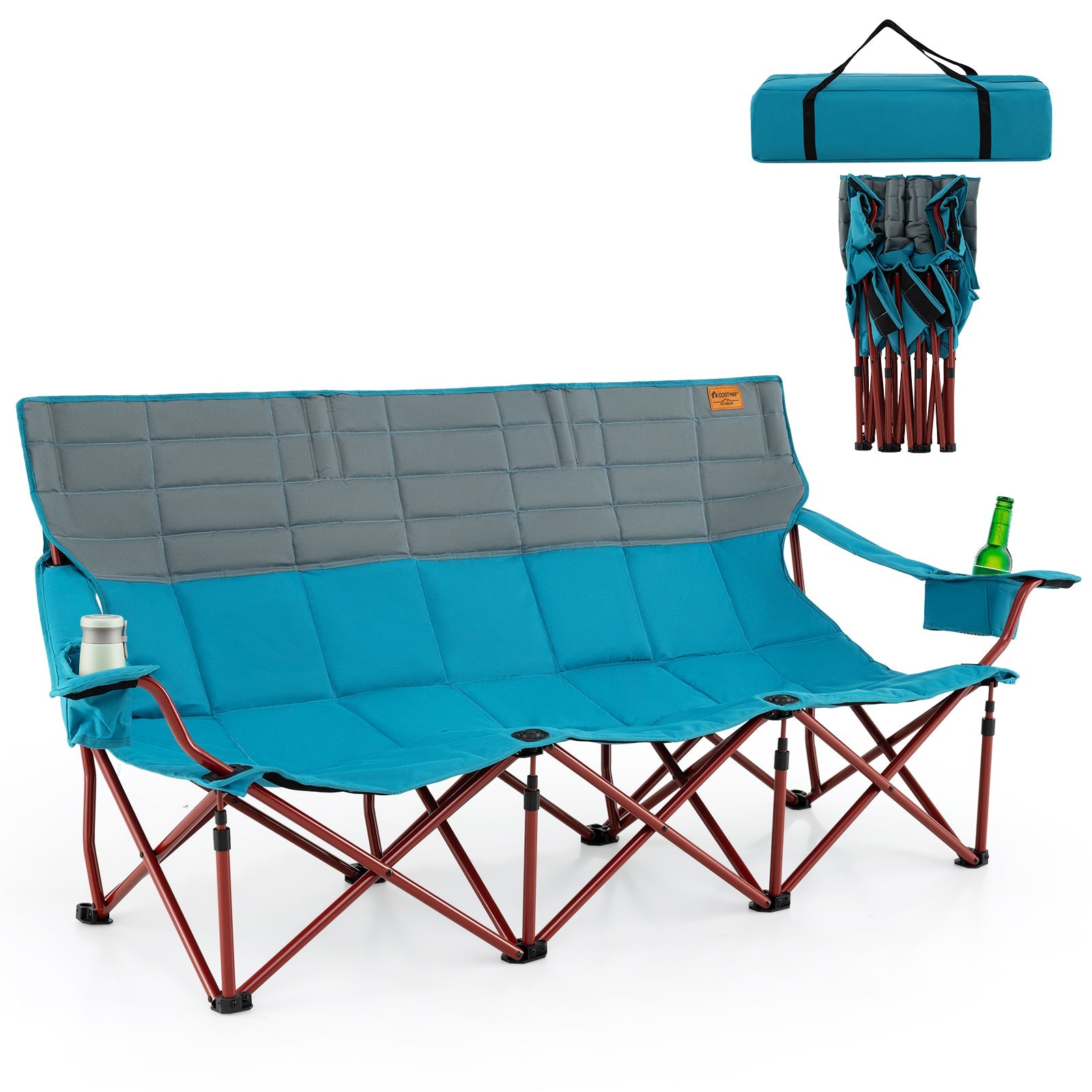 3 Person Folding Camping Chair with 2 Cup Holders & Storage Bag-Blue