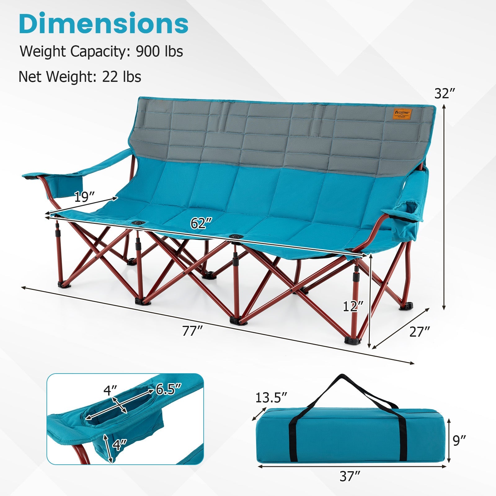3 Person Folding Camping Chair with 2 Cup Holders & Storage Bag-Blue