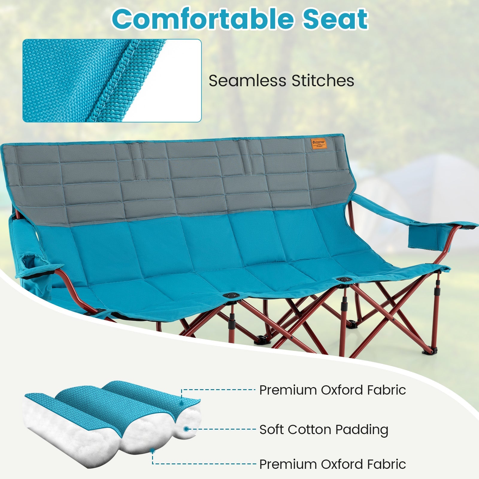 3 Person Folding Camping Chair with 2 Cup Holders & Storage Bag-Blue