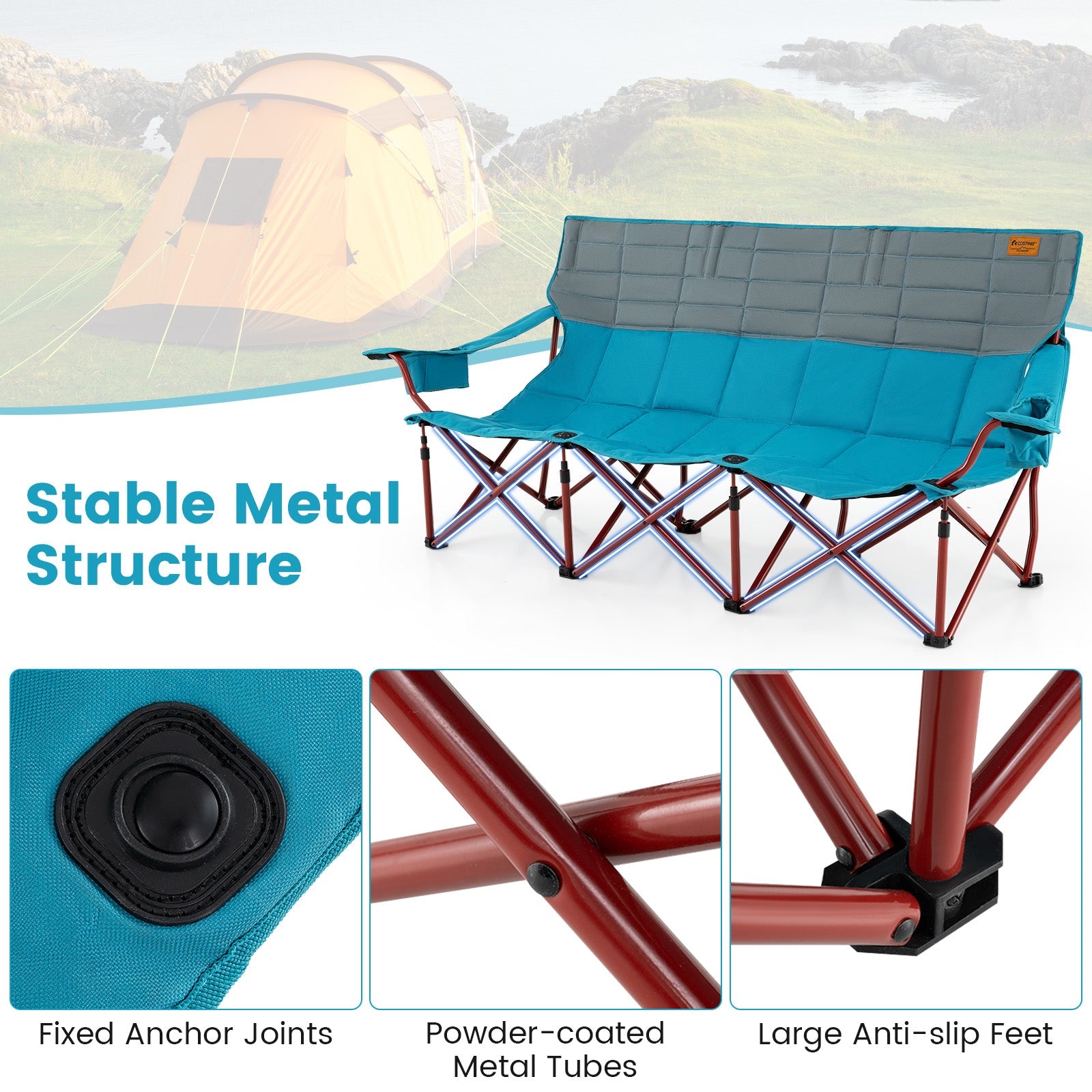 3 Person Folding Camping Chair with 2 Cup Holders & Storage Bag-Blue
