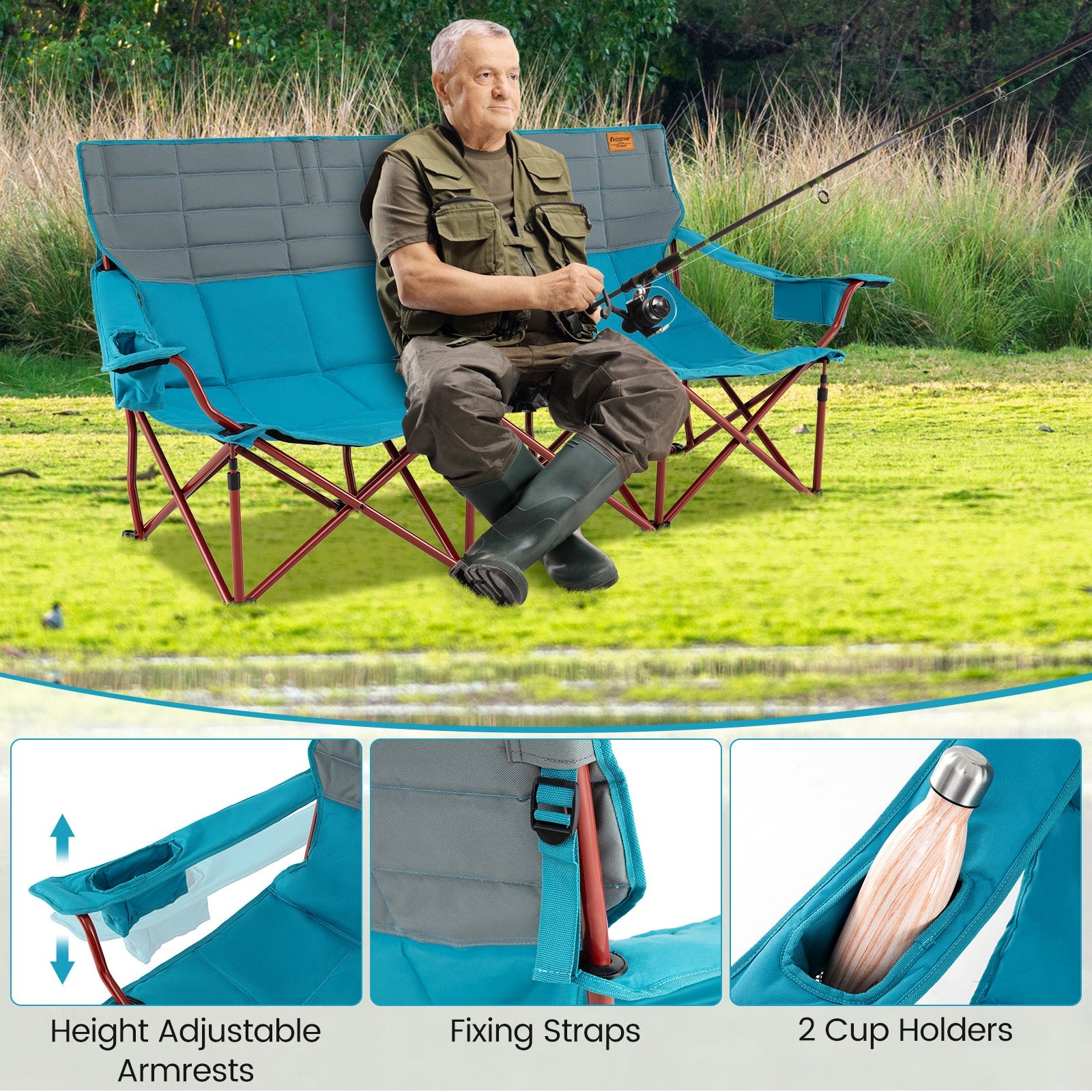 3 Person Folding Camping Chair with 2 Cup Holders & Storage Bag-Blue