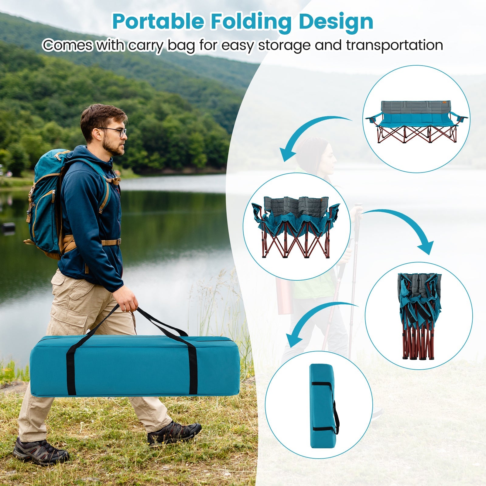 3 Person Folding Camping Chair with 2 Cup Holders & Storage Bag-Blue