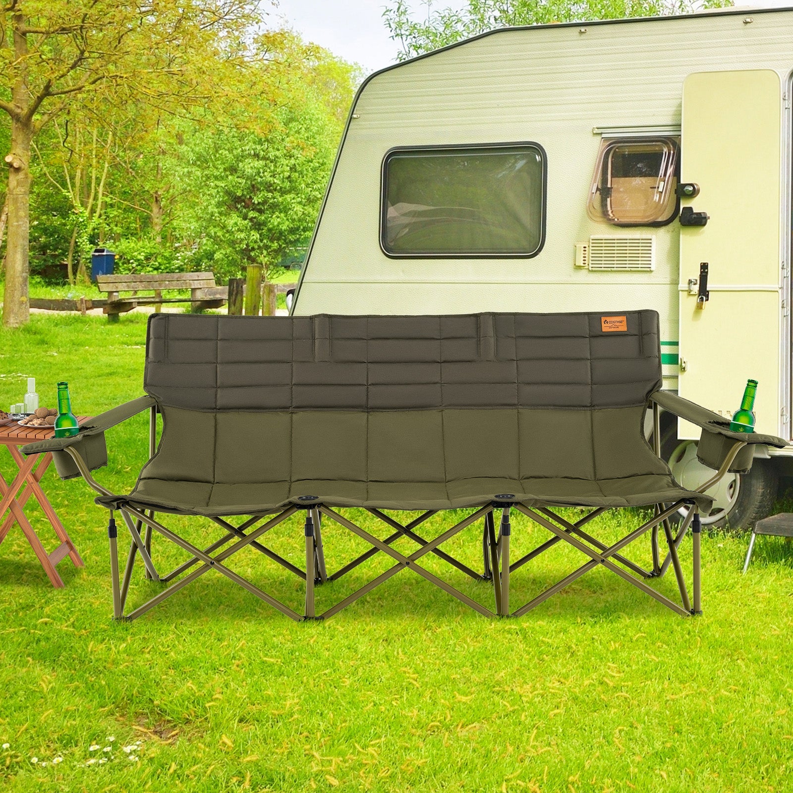 3 Person Folding Camping Chair with 2 Cup Holders & Storage Bag-Green