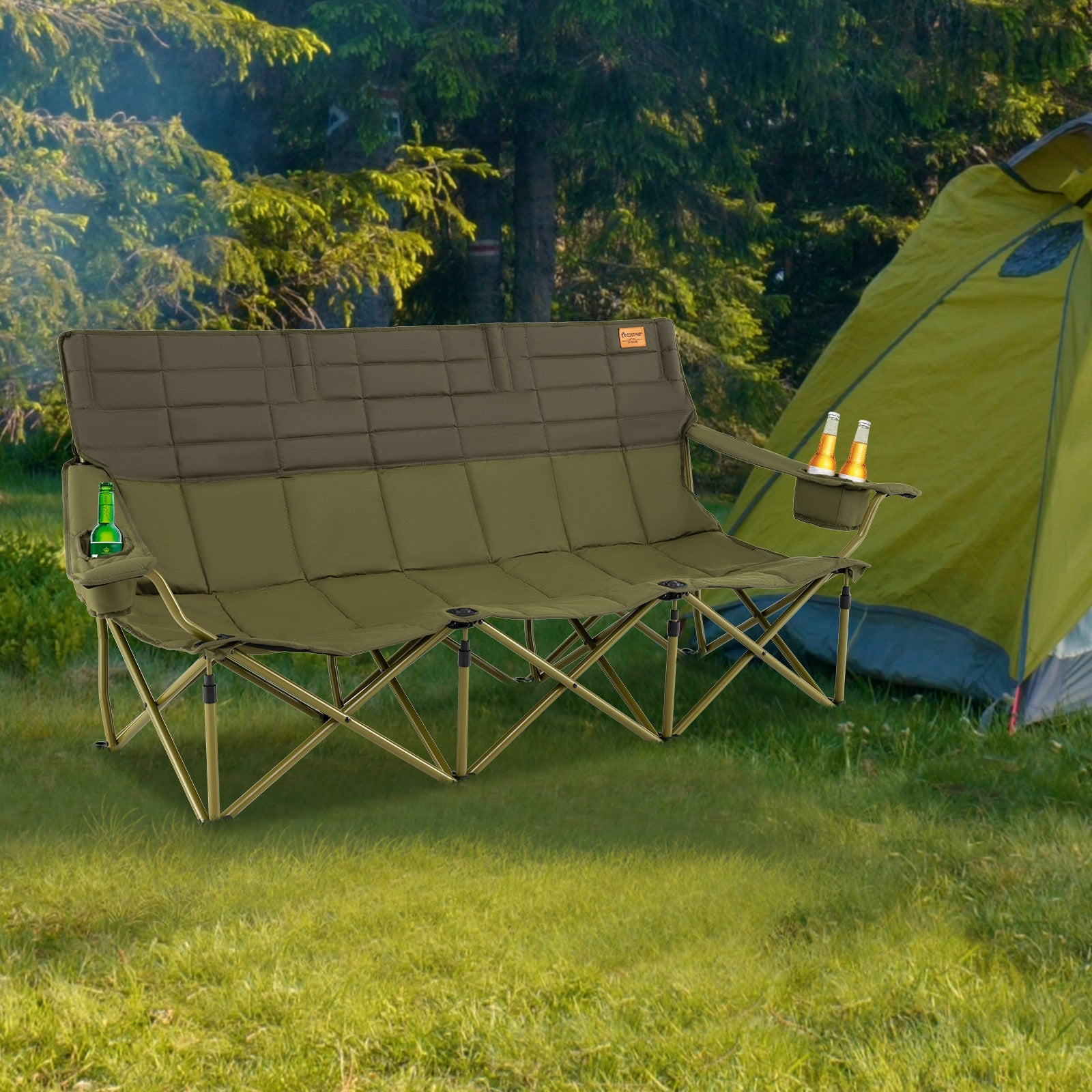 3 Person Folding Camping Chair with 2 Cup Holders & Storage Bag-Green