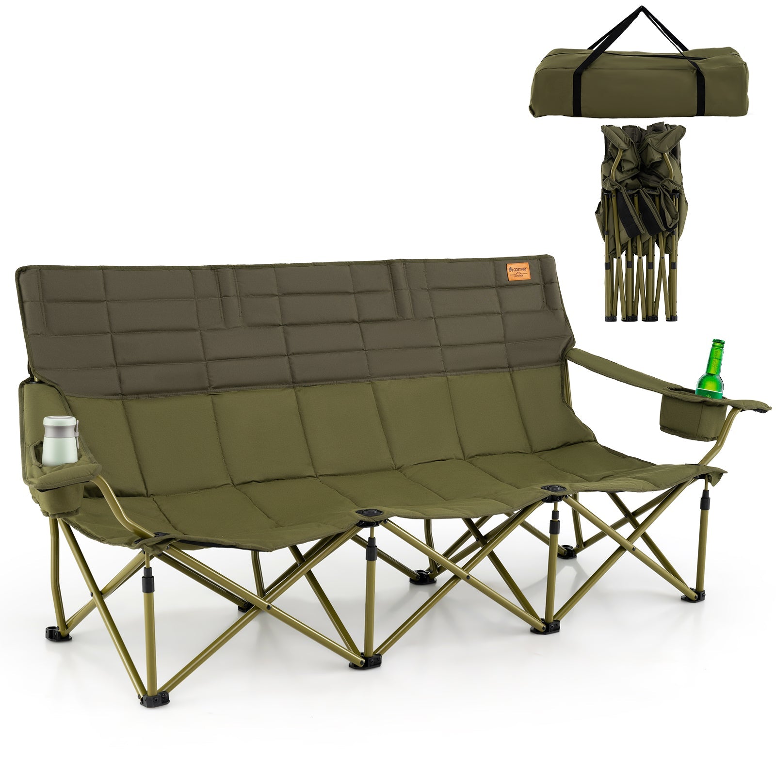 3 Person Folding Camping Chair with 2 Cup Holders & Storage Bag-Green