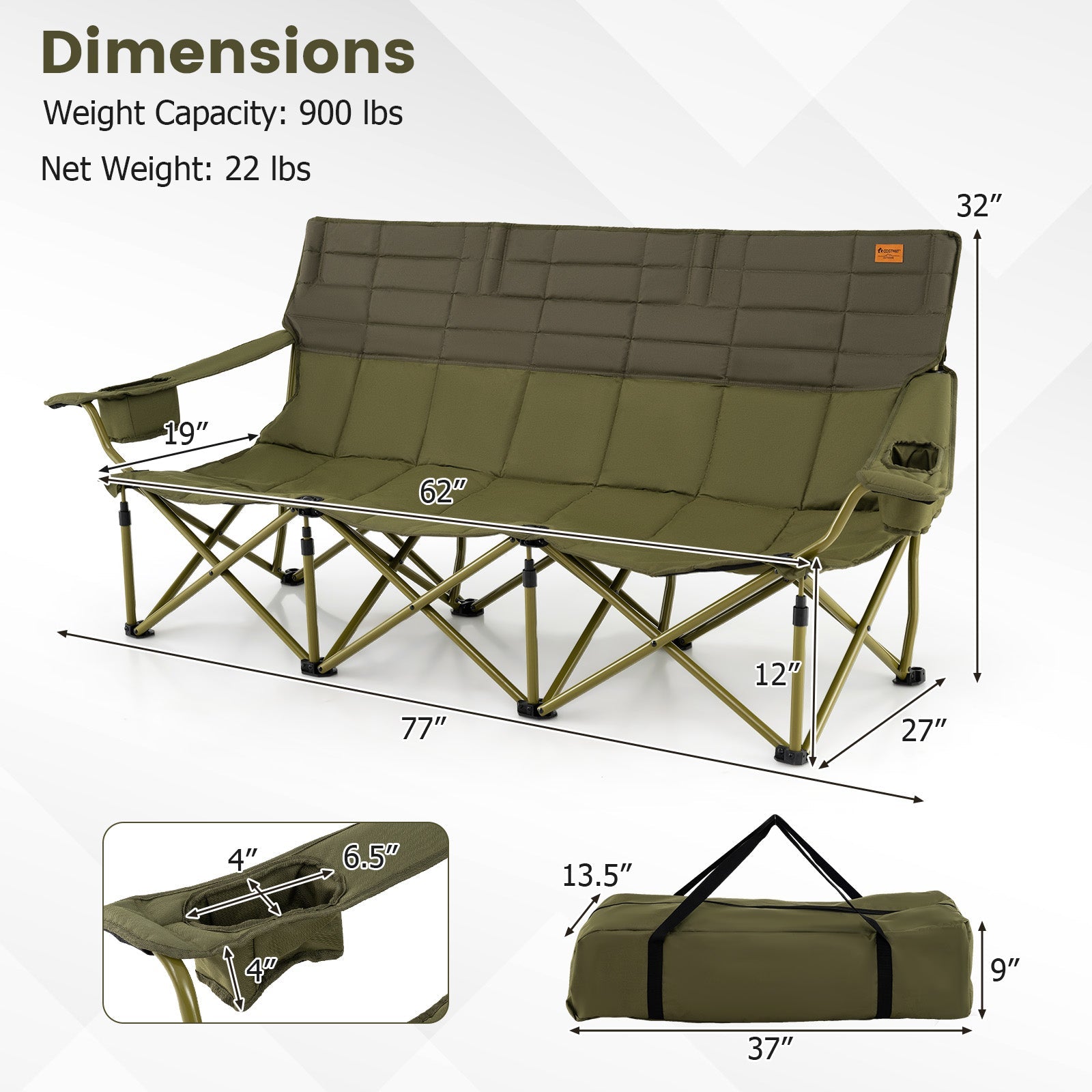 3 Person Folding Camping Chair with 2 Cup Holders & Storage Bag-Green