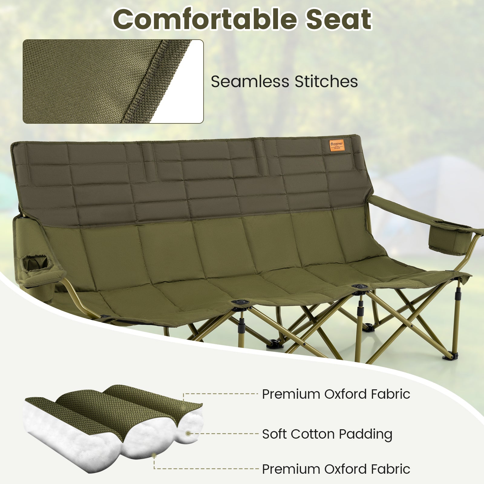 3 Person Folding Camping Chair with 2 Cup Holders & Storage Bag-Green