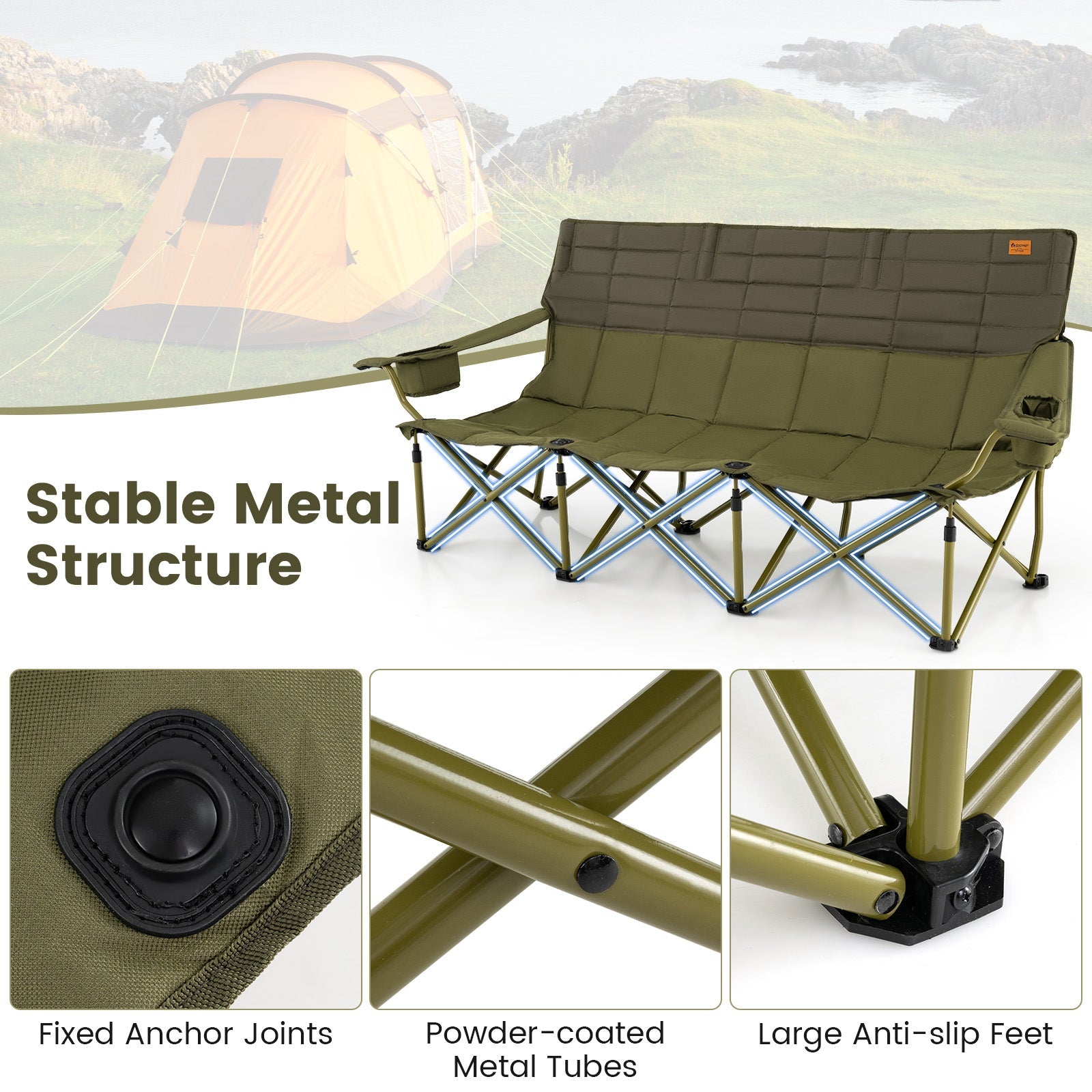 3 Person Folding Camping Chair with 2 Cup Holders & Storage Bag-Green