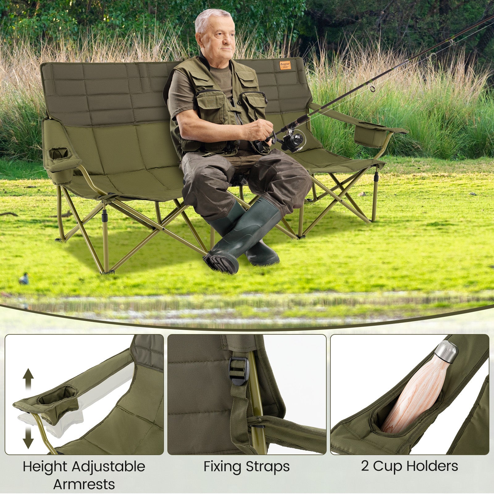 3 Person Folding Camping Chair with 2 Cup Holders & Storage Bag-Green