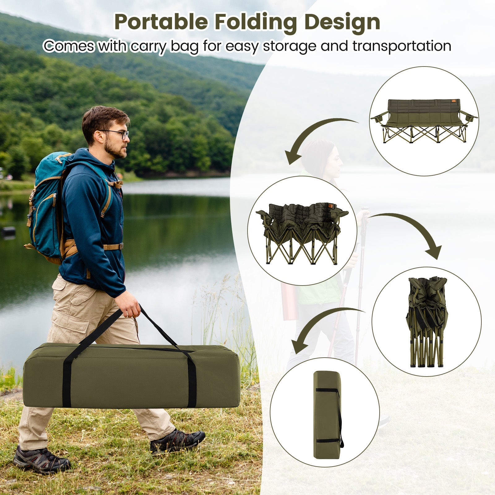 3 Person Folding Camping Chair with 2 Cup Holders & Storage Bag-Green
