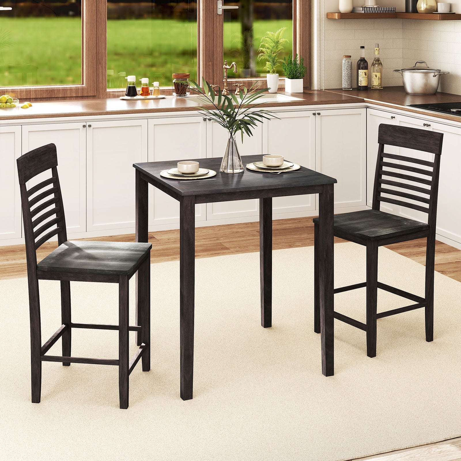 3-Piece Counter-Height Dining Table Set for 2 with Rubber Wood Frame and Footrest-Gray by DirectDeals