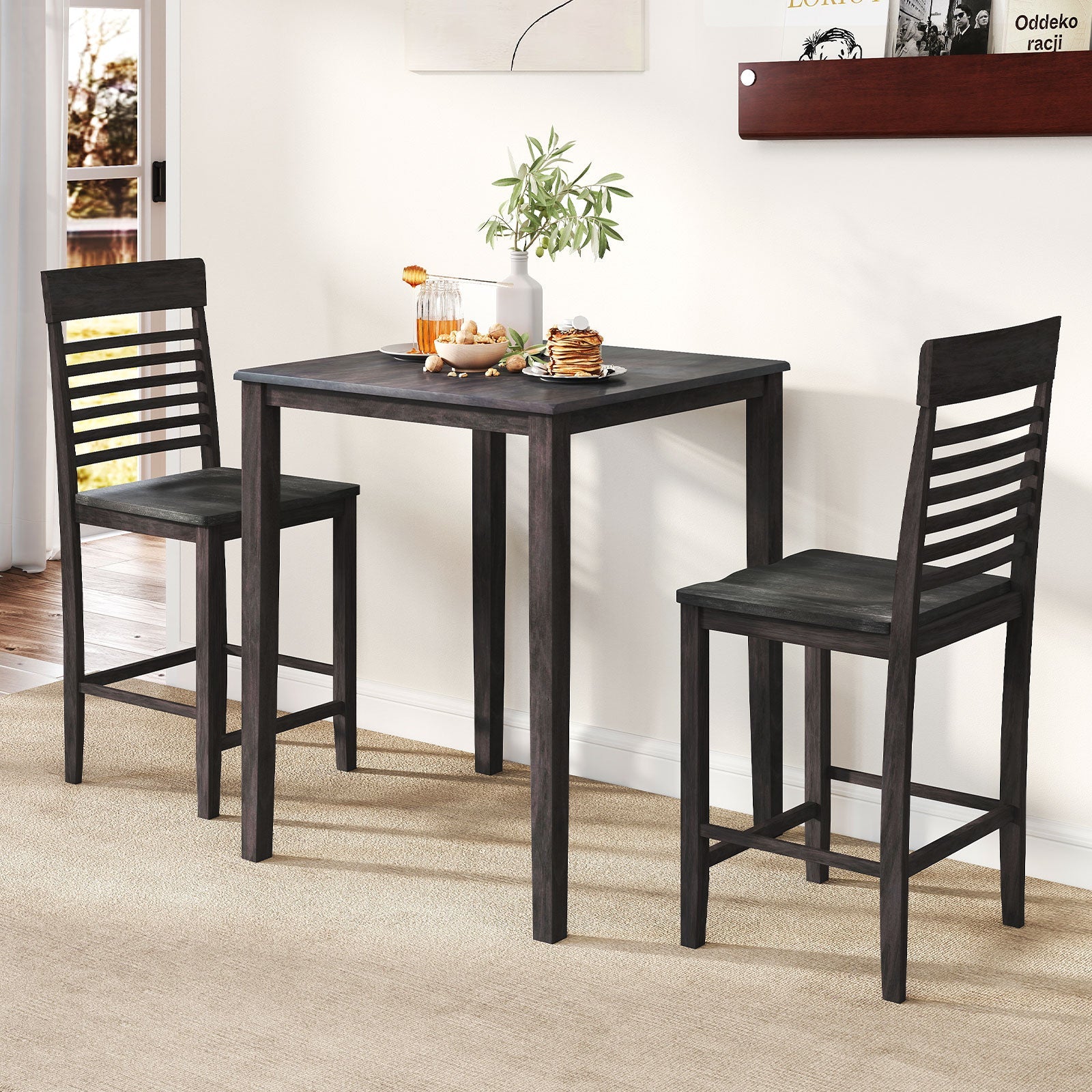 3-Piece Counter-Height Dining Table Set for 2 with Rubber Wood Frame and Footrest-Gray by DirectDeals