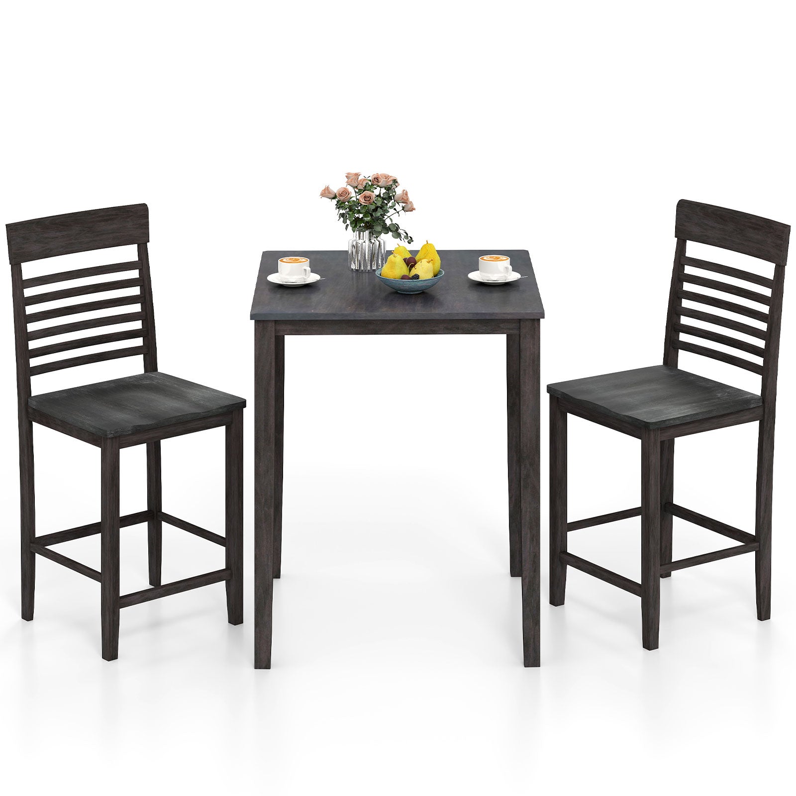 3-Piece Counter-Height Dining Table Set for 2 with Rubber Wood Frame and Footrest-Gray by DirectDeals