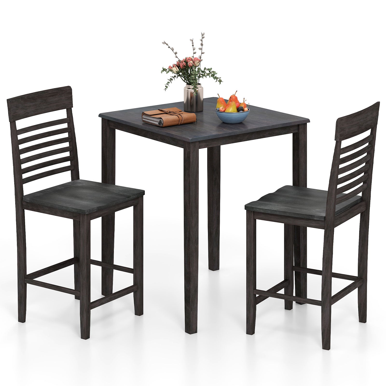 3-Piece Counter-Height Dining Table Set for 2 with Rubber Wood Frame and Footrest-Gray by DirectDeals