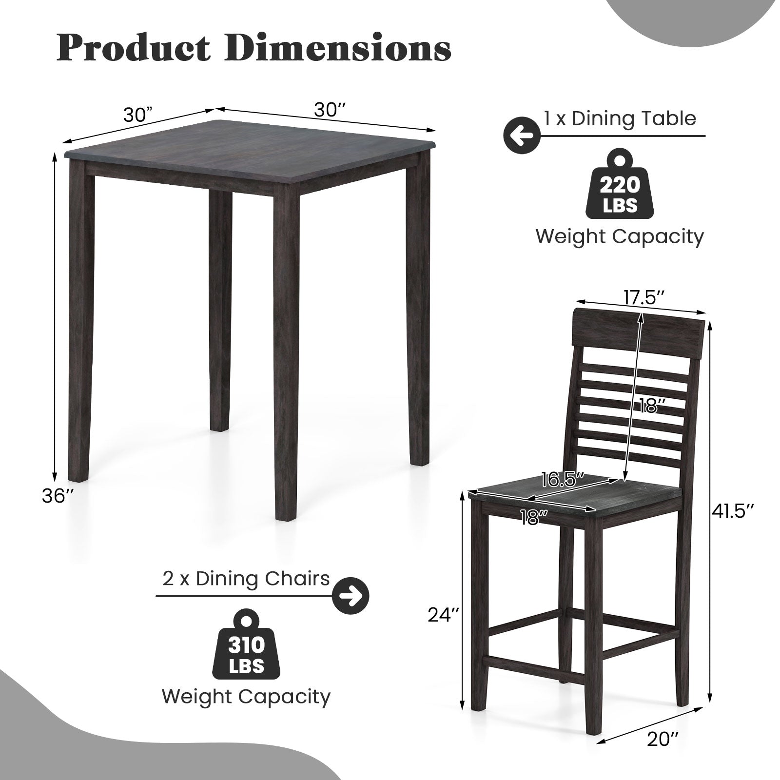 3-Piece Counter-Height Dining Table Set for 2 with Rubber Wood Frame and Footrest-Gray by DirectDeals