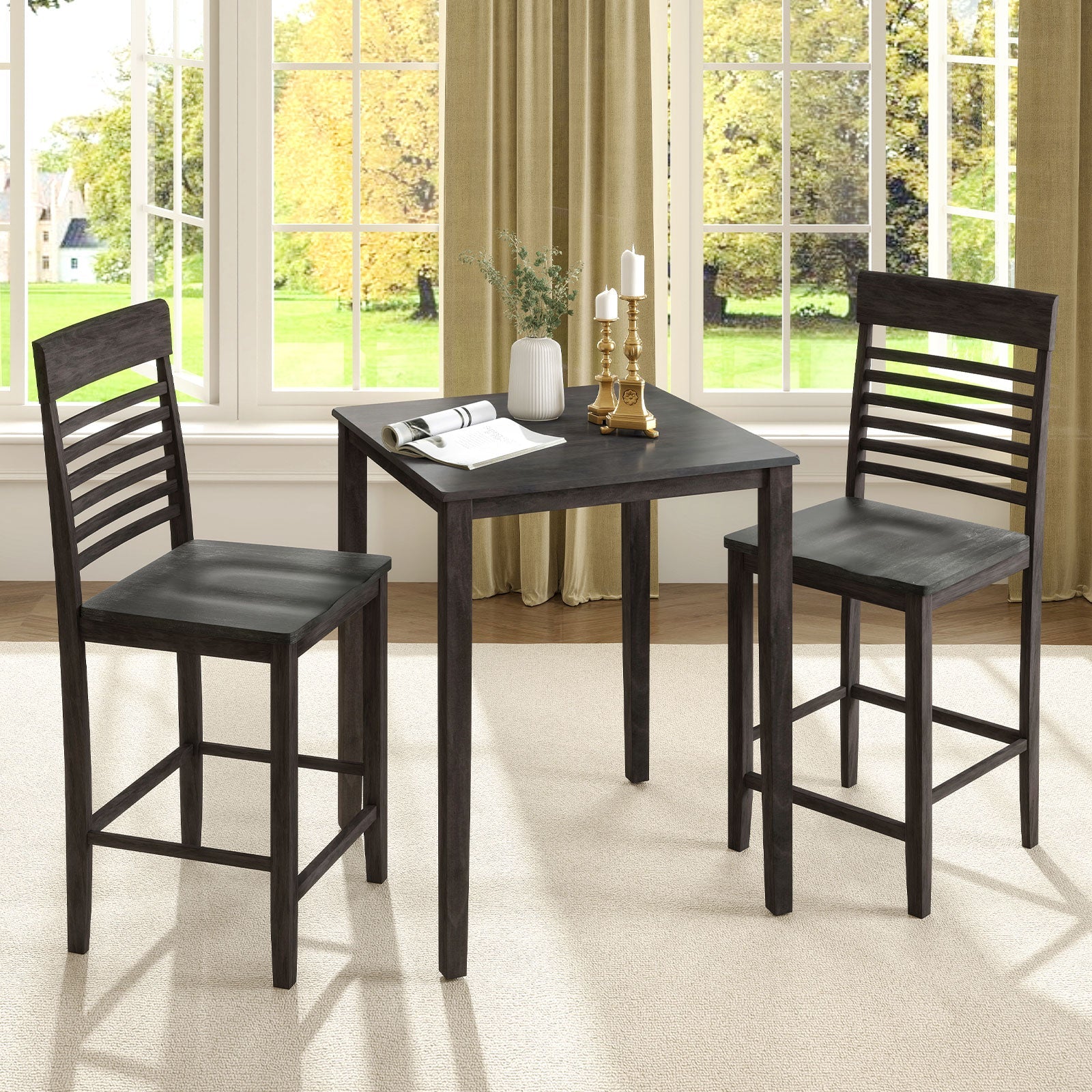 3-Piece Counter-Height Dining Table Set for 2 with Rubber Wood Frame and Footrest-Gray by DirectDeals