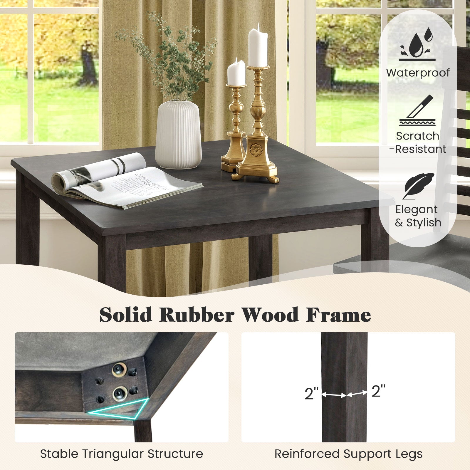 3-Piece Counter-Height Dining Table Set for 2 with Rubber Wood Frame and Footrest-Gray by DirectDeals