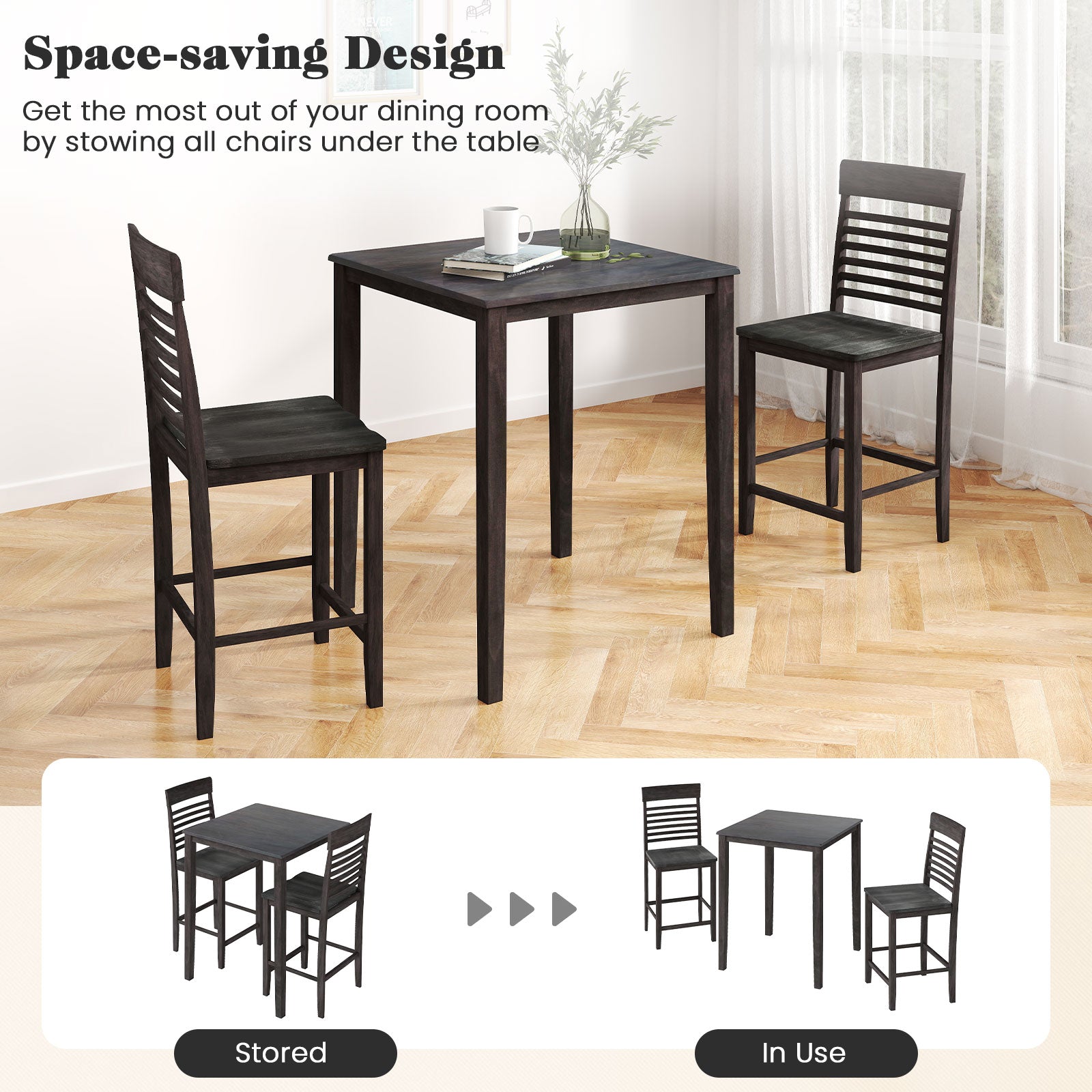 3-Piece Counter-Height Dining Table Set for 2 with Rubber Wood Frame and Footrest-Gray by DirectDeals