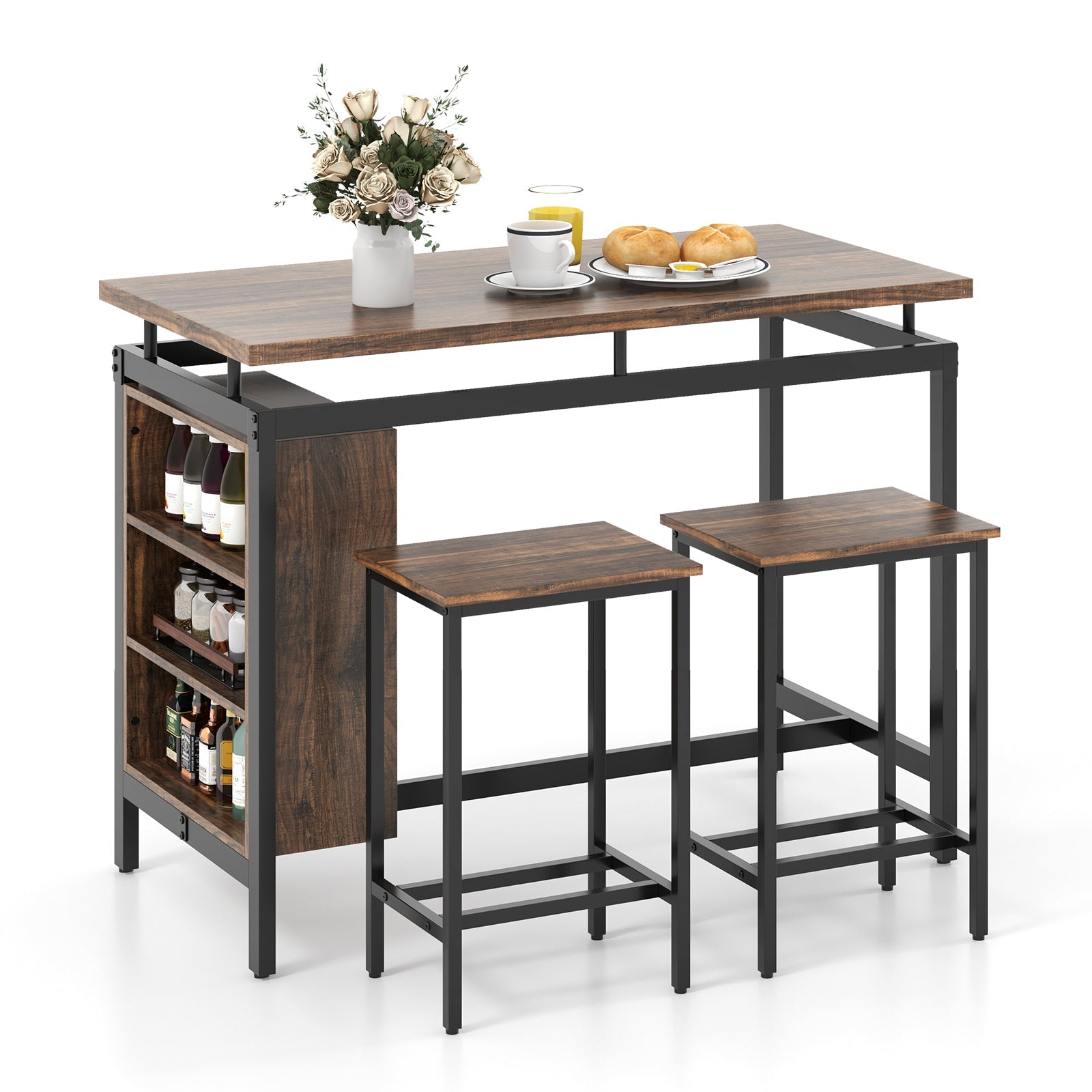 3 Pieces Dining Table Set with 3-Tier Storage Shelf and Metal Frame-Brown by DirectDeals