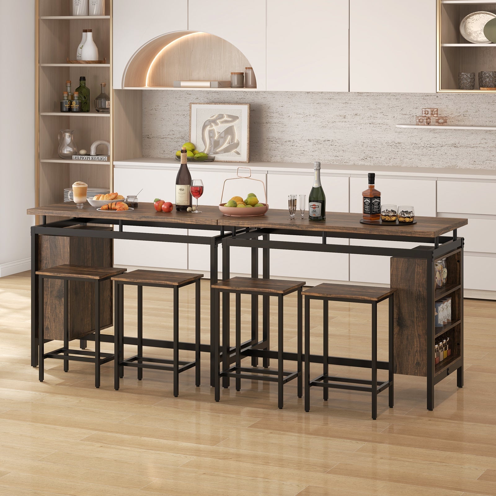 3 Pieces Dining Table Set with 3-Tier Storage Shelf and Metal Frame-Brown by DirectDeals