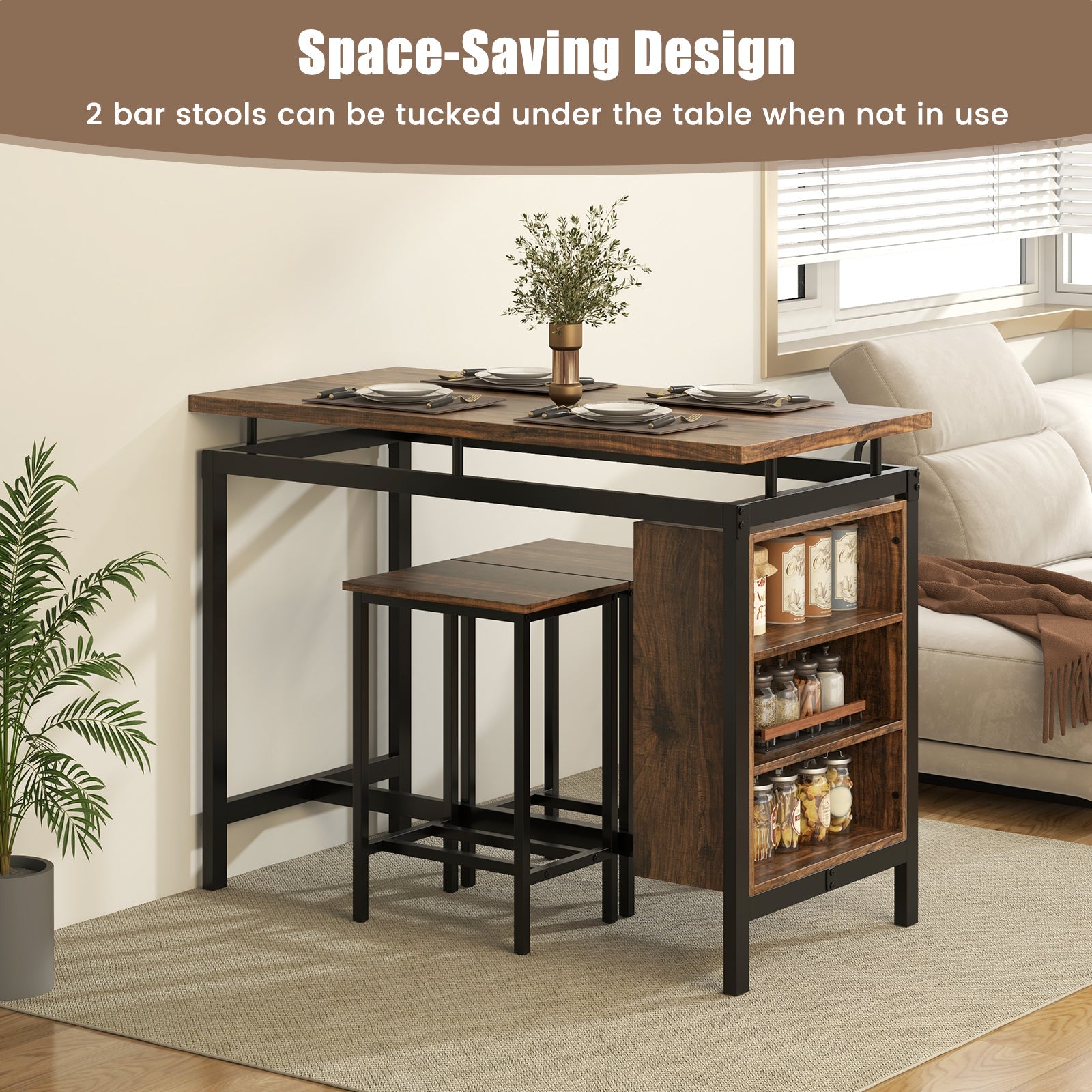 3 Pieces Dining Table Set with 3-Tier Storage Shelf and Metal Frame-Brown by DirectDeals