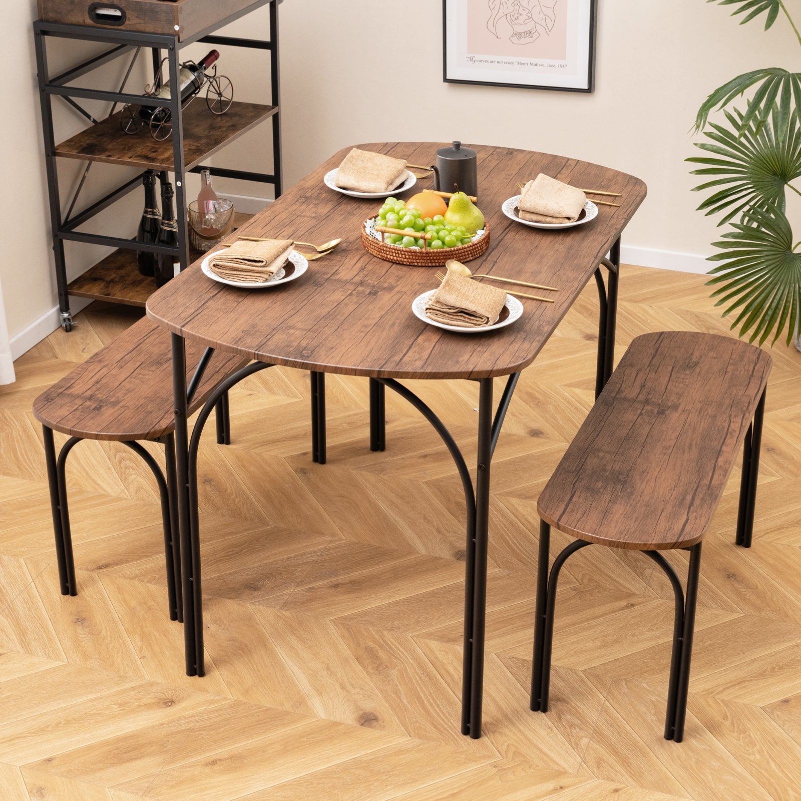 3-Piece Dining Table Set for 4 with Metal Frame - Brown