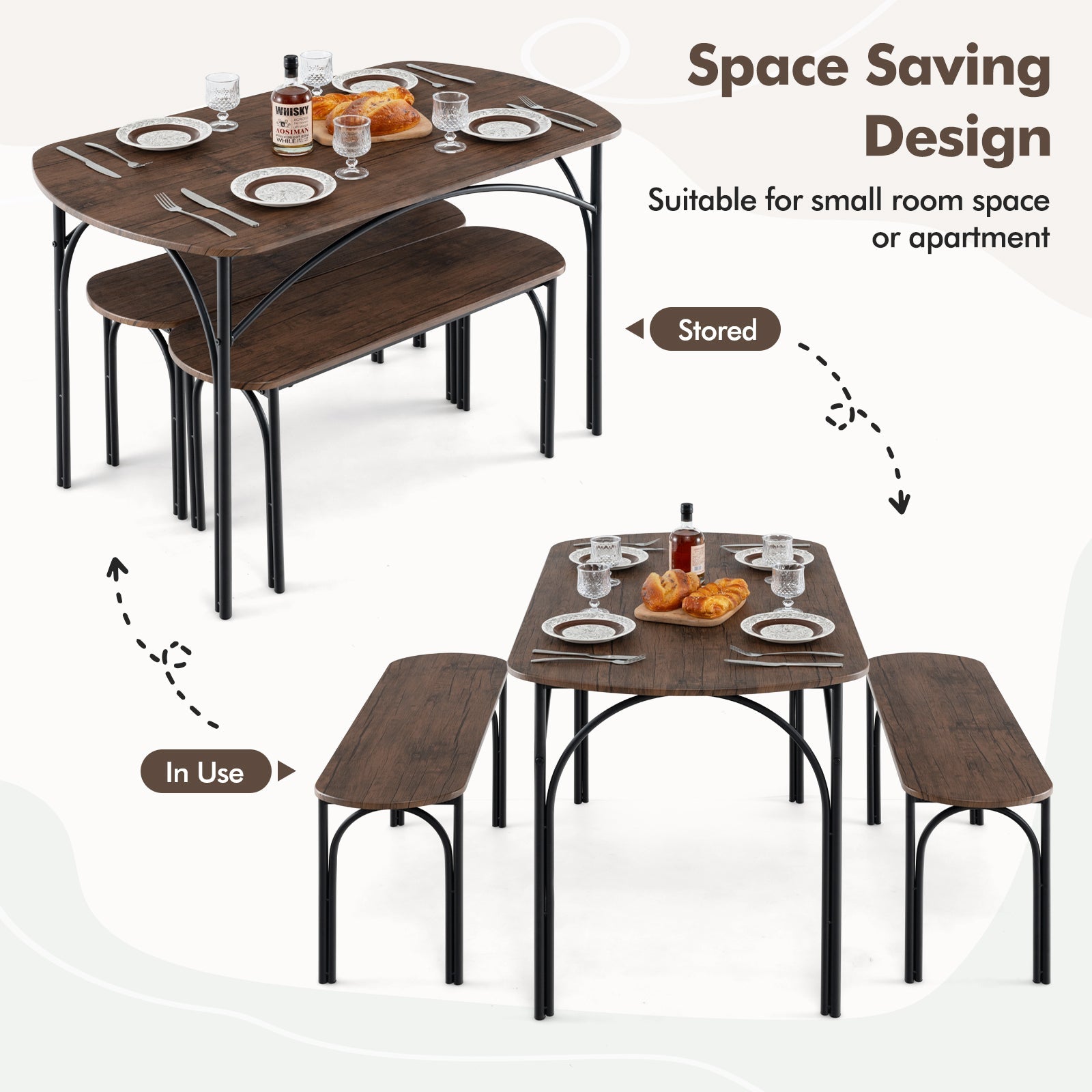 3-Piece Dining Table Set for 4 with Metal Frame-Brown by DirectDeals
