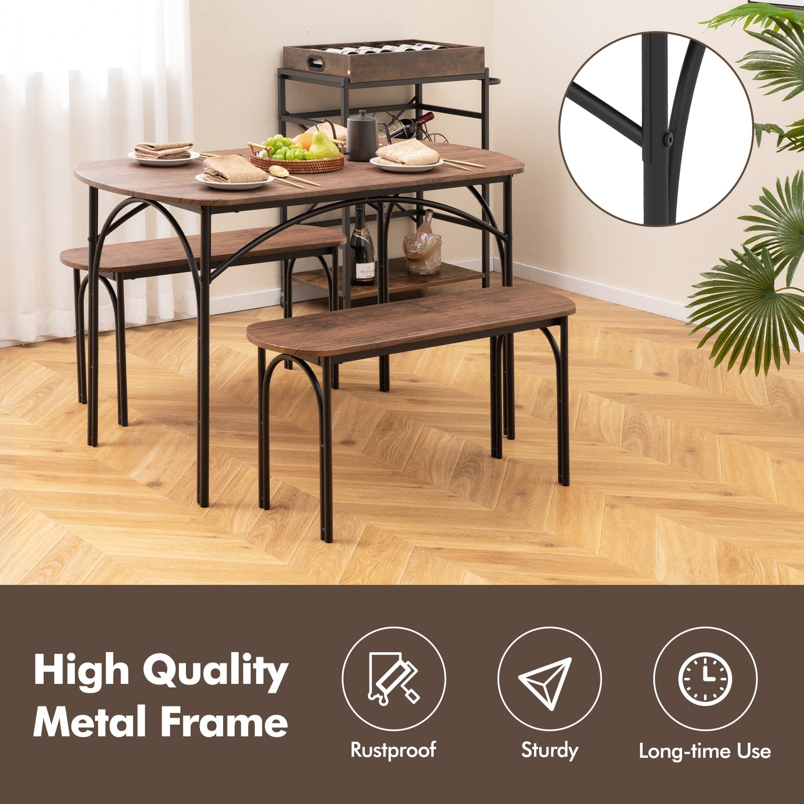 3-Piece Dining Table Set for 4 with Metal Frame-Brown by DirectDeals
