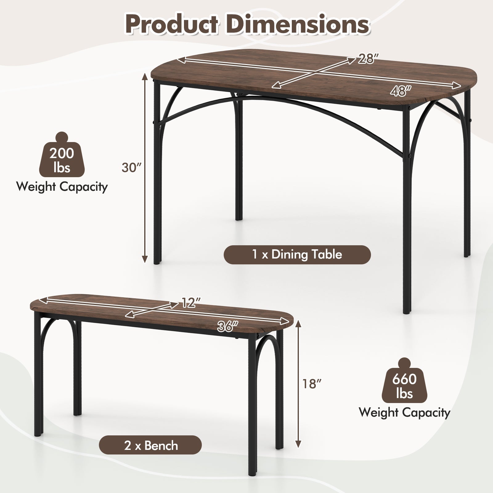 3-Piece Dining Table Set for 4 with Metal Frame-Brown by DirectDeals