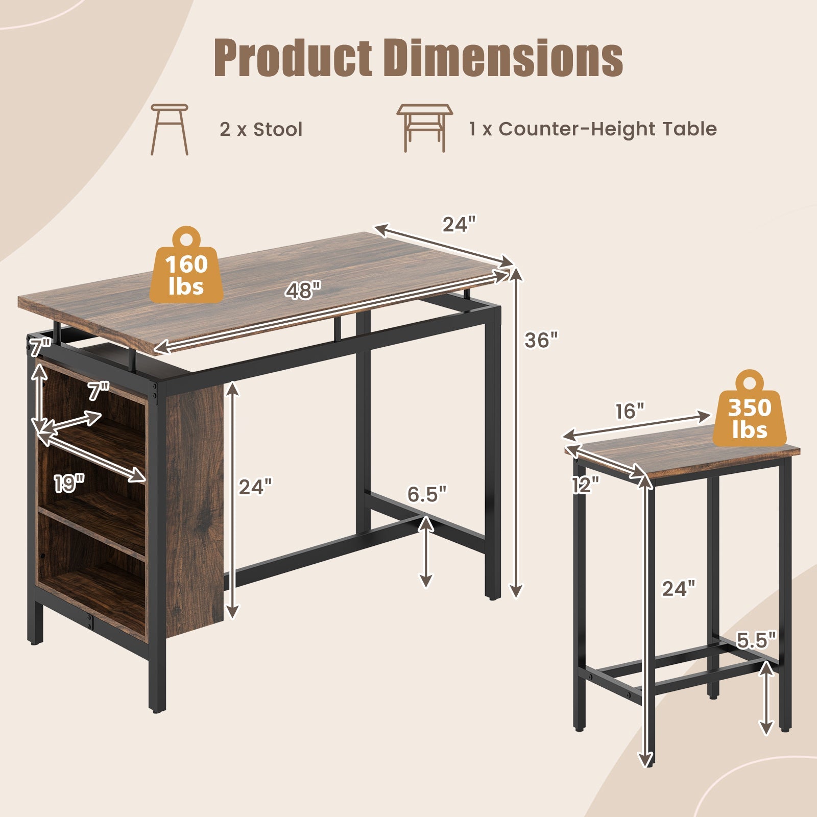 3 Pieces Dining Table Set with 3-Tier Storage Shelf and Metal Frame-Brown by DirectDeals