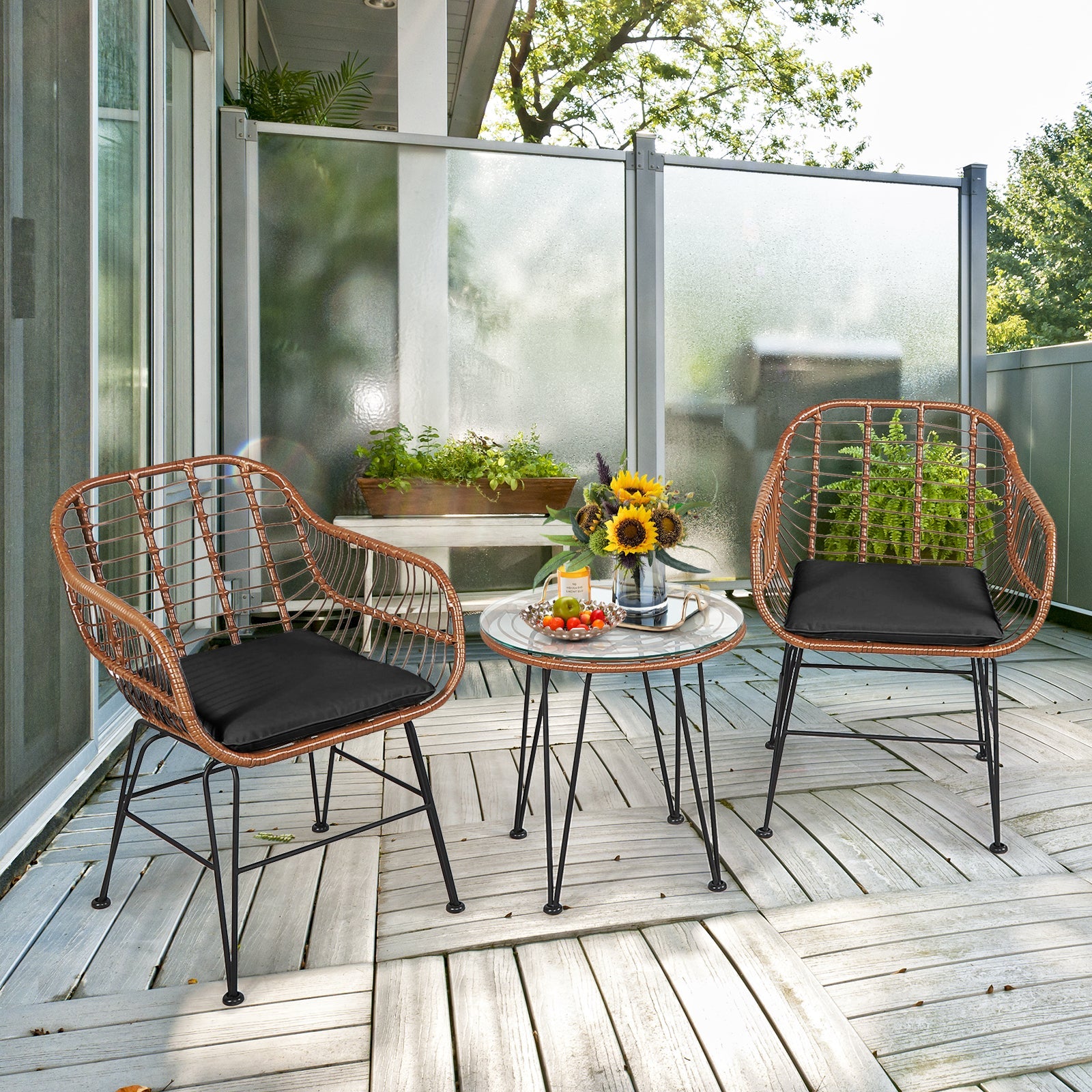 3 Pieces Patio Rattan Bistro Set with Cushion - Black