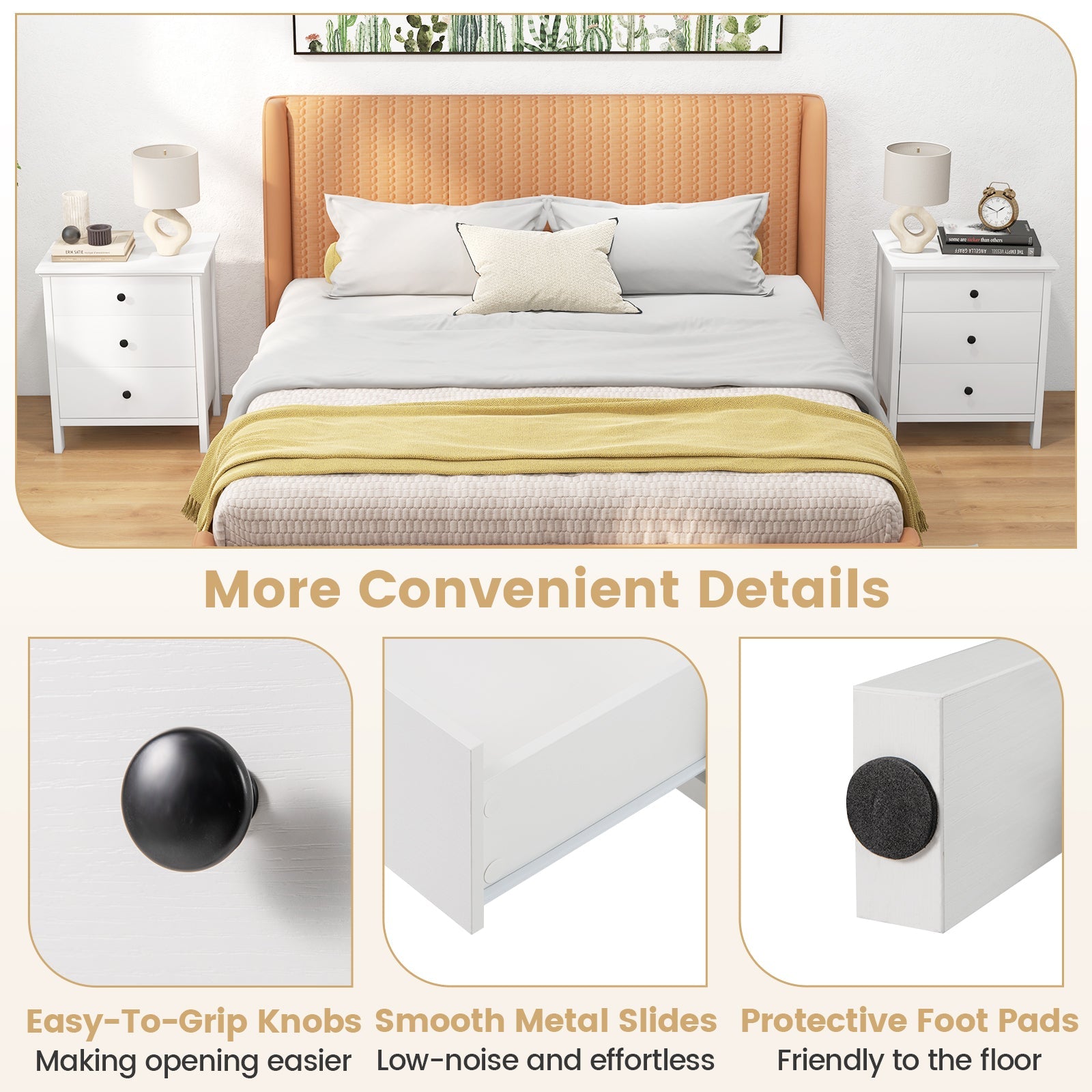 3-Drawer Wooden Nightstand Modern Bedside Table-White