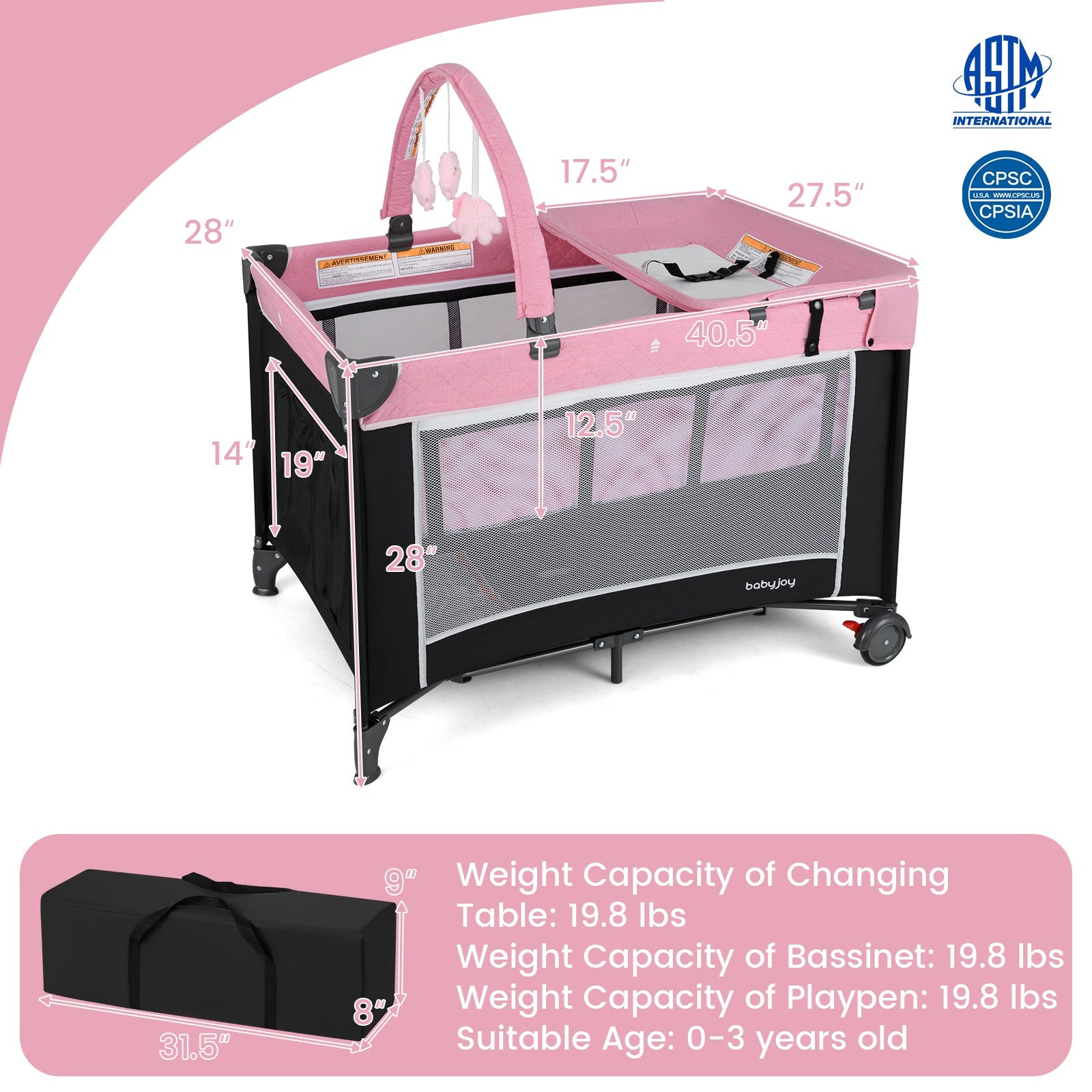 3-in-1 Portable Baby Crib and Playpen with Changing Table-Pink