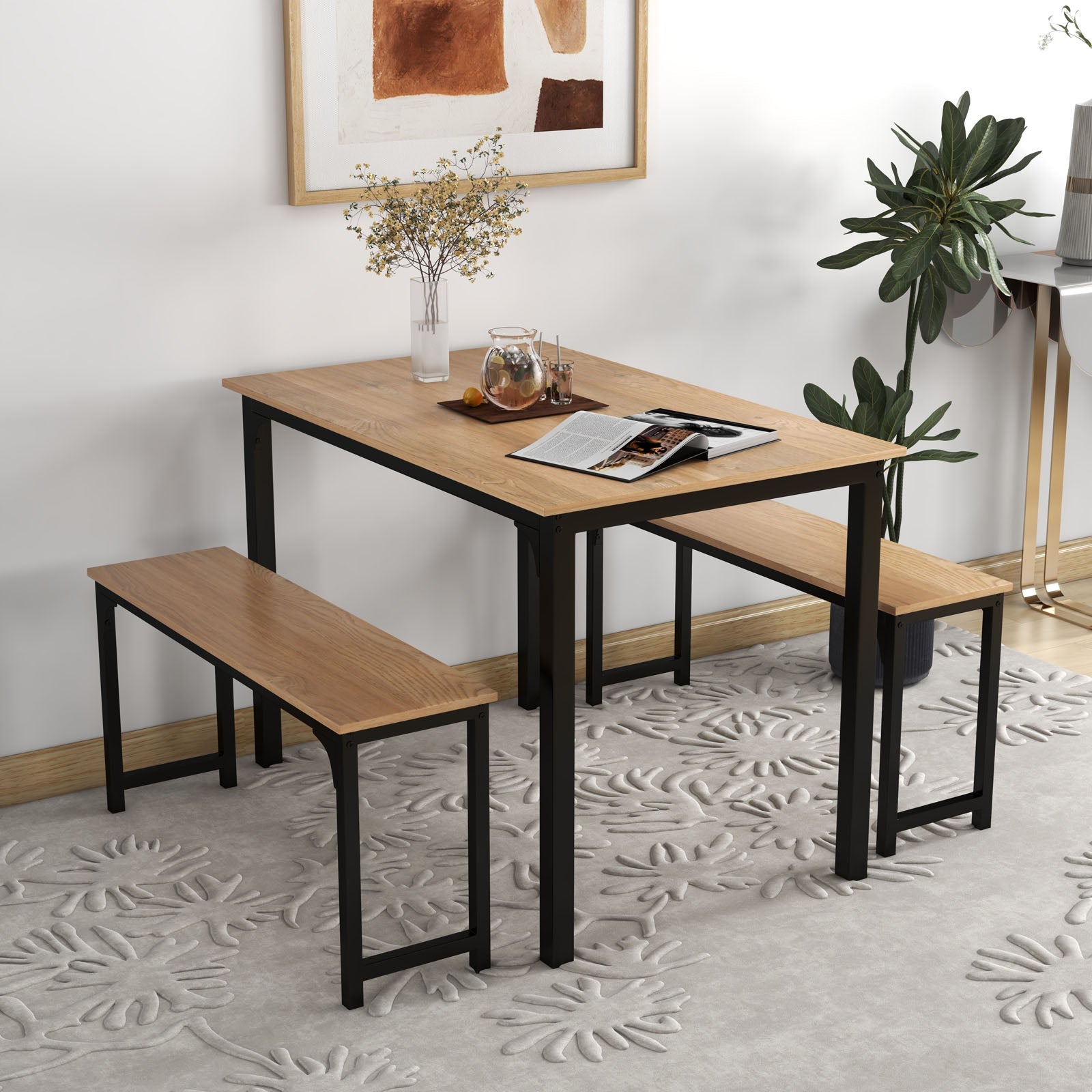 3 Pieces Dining Table Set with 2 Benches for Dining Room Kitchen Bar-Natural by DirectDeals