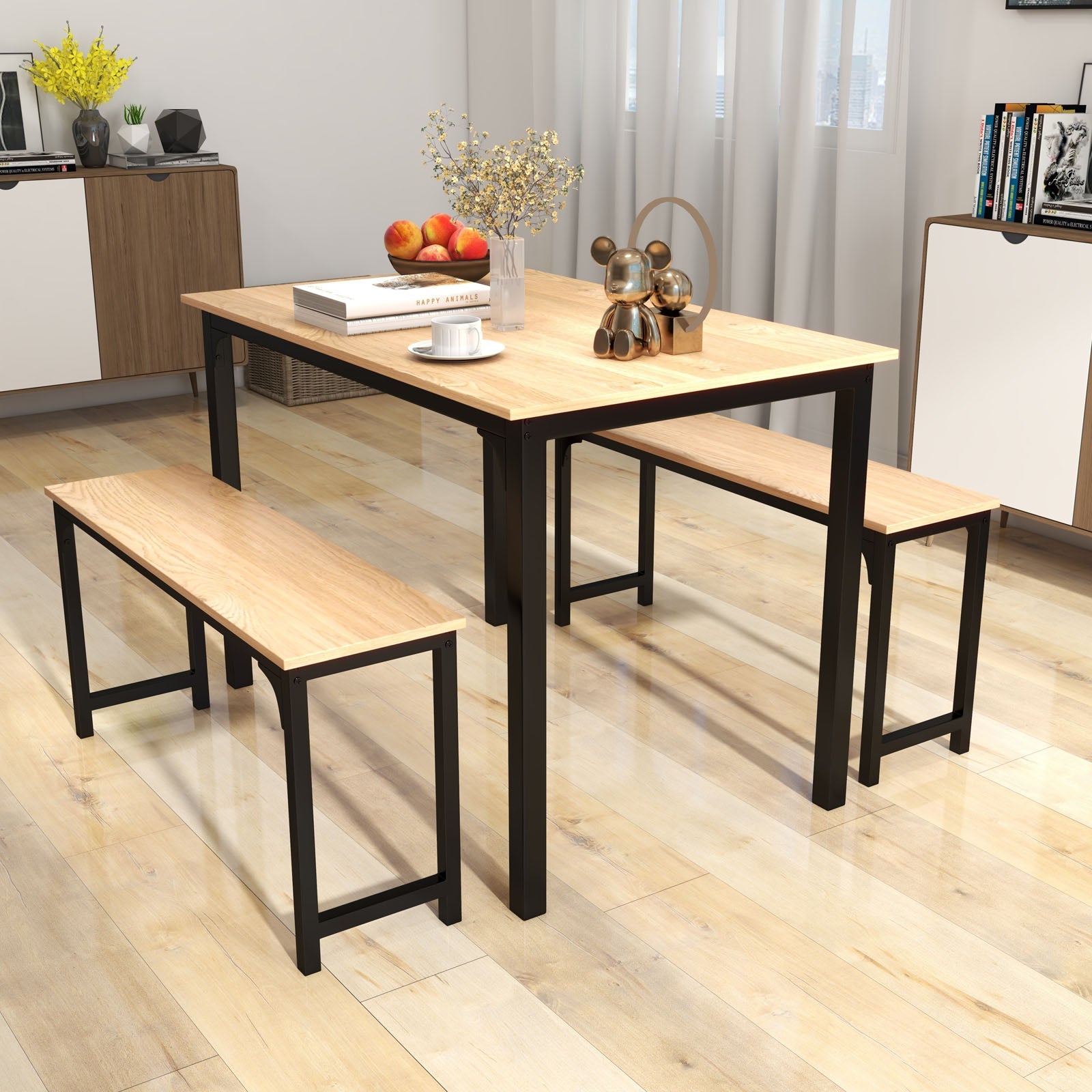 3 Pieces Dining Table Set with 2 Benches for Dining Room Kitchen Bar-Natural by DirectDeals