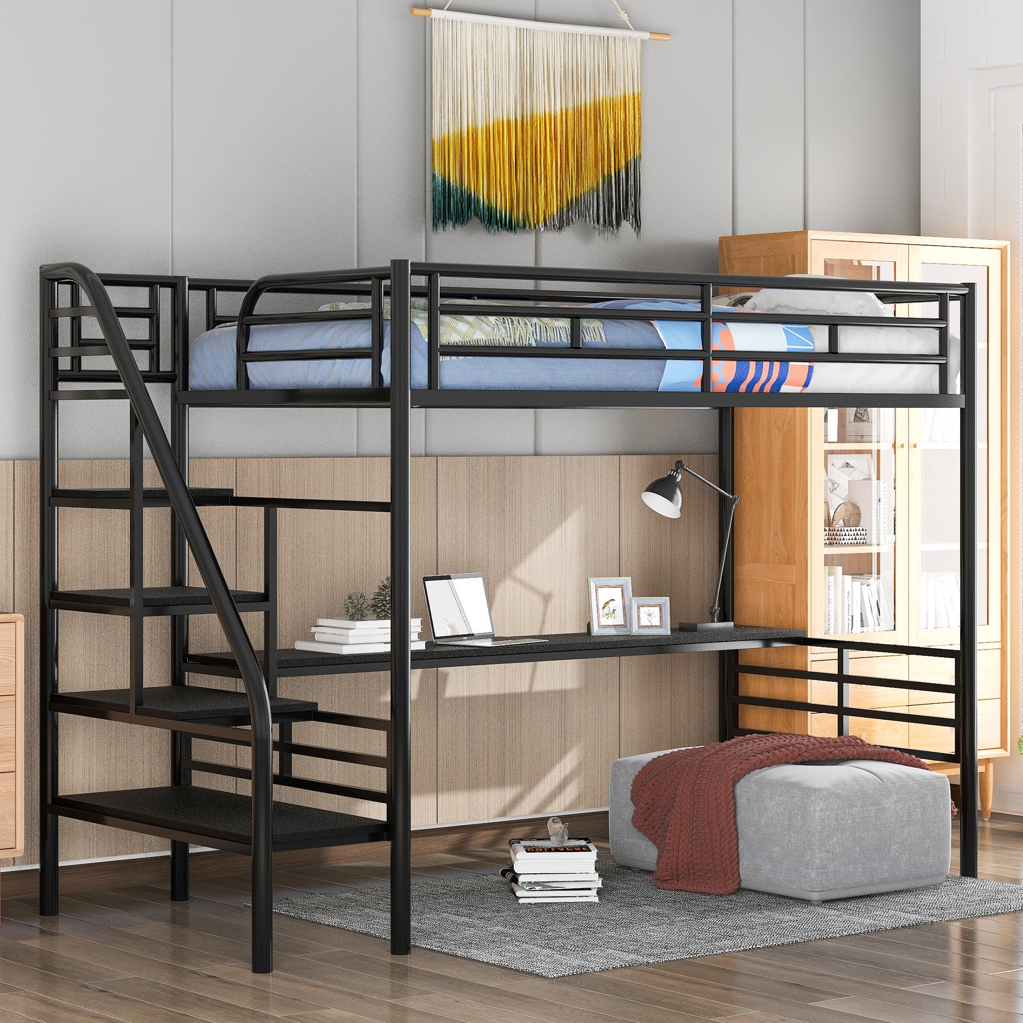 Metal Loft Bed Frame with Desk, No Box Spring Needed,Twin ,Black by 39F INC.