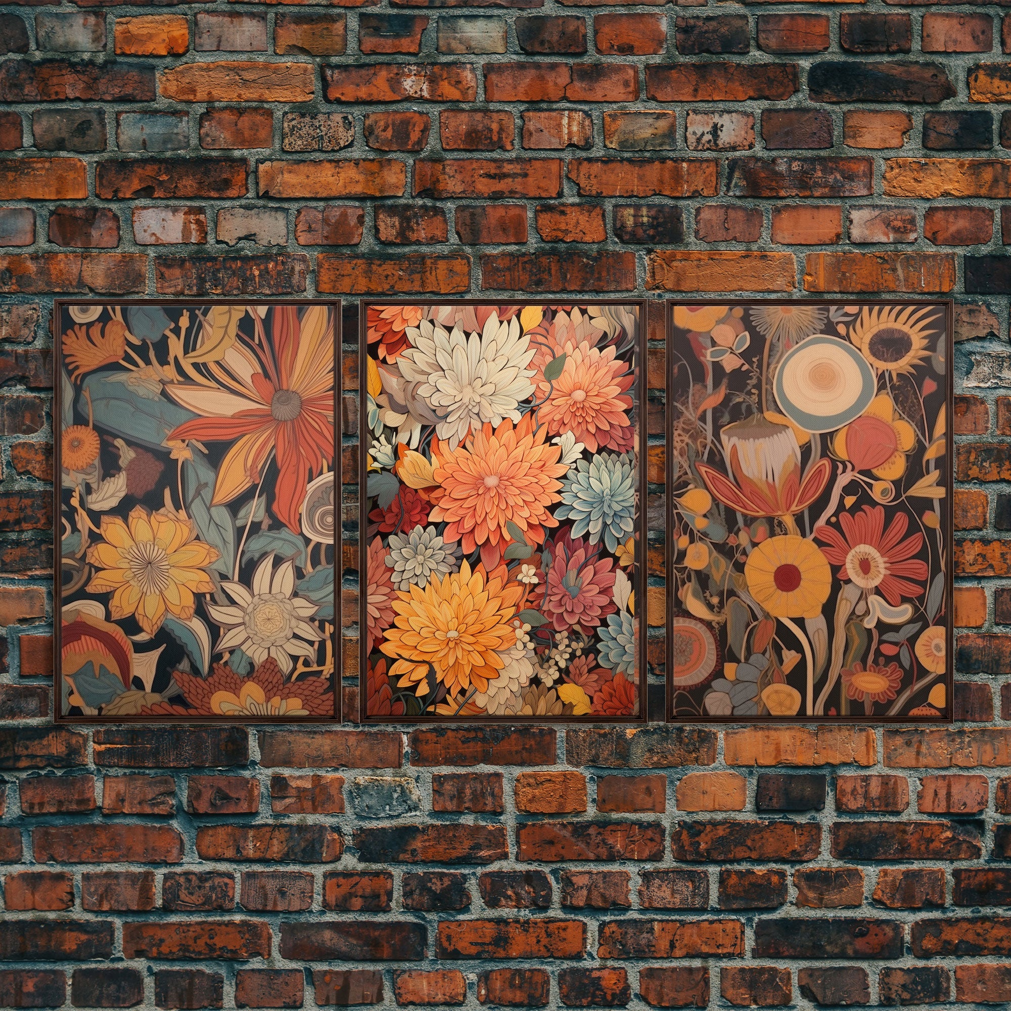Boho Style Wall Art, Framed Canvas Print 3 Piece Set