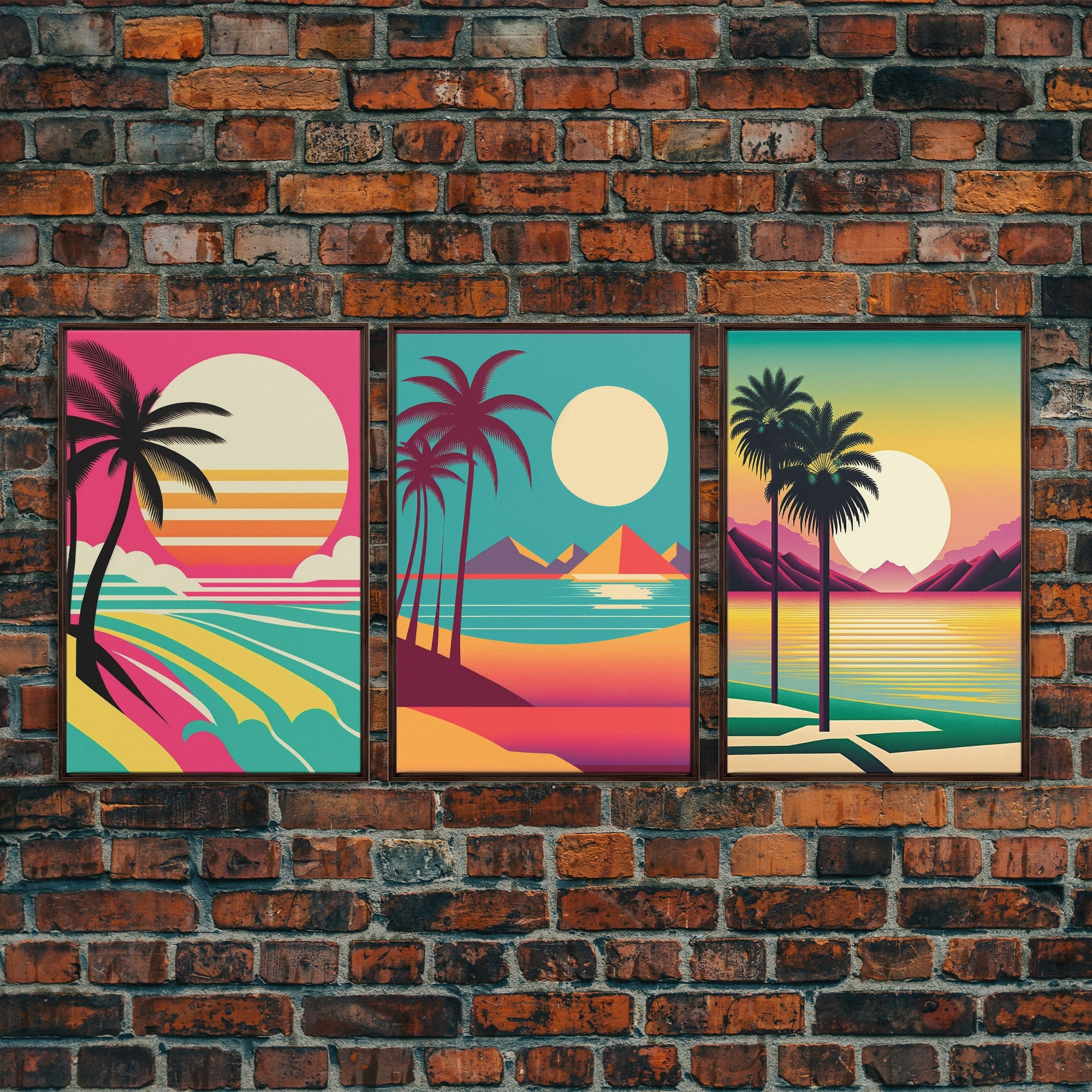 Beautiful Turquoise Retro Style Beach Art, Triptych 3 Panel Framed Canvas Prints