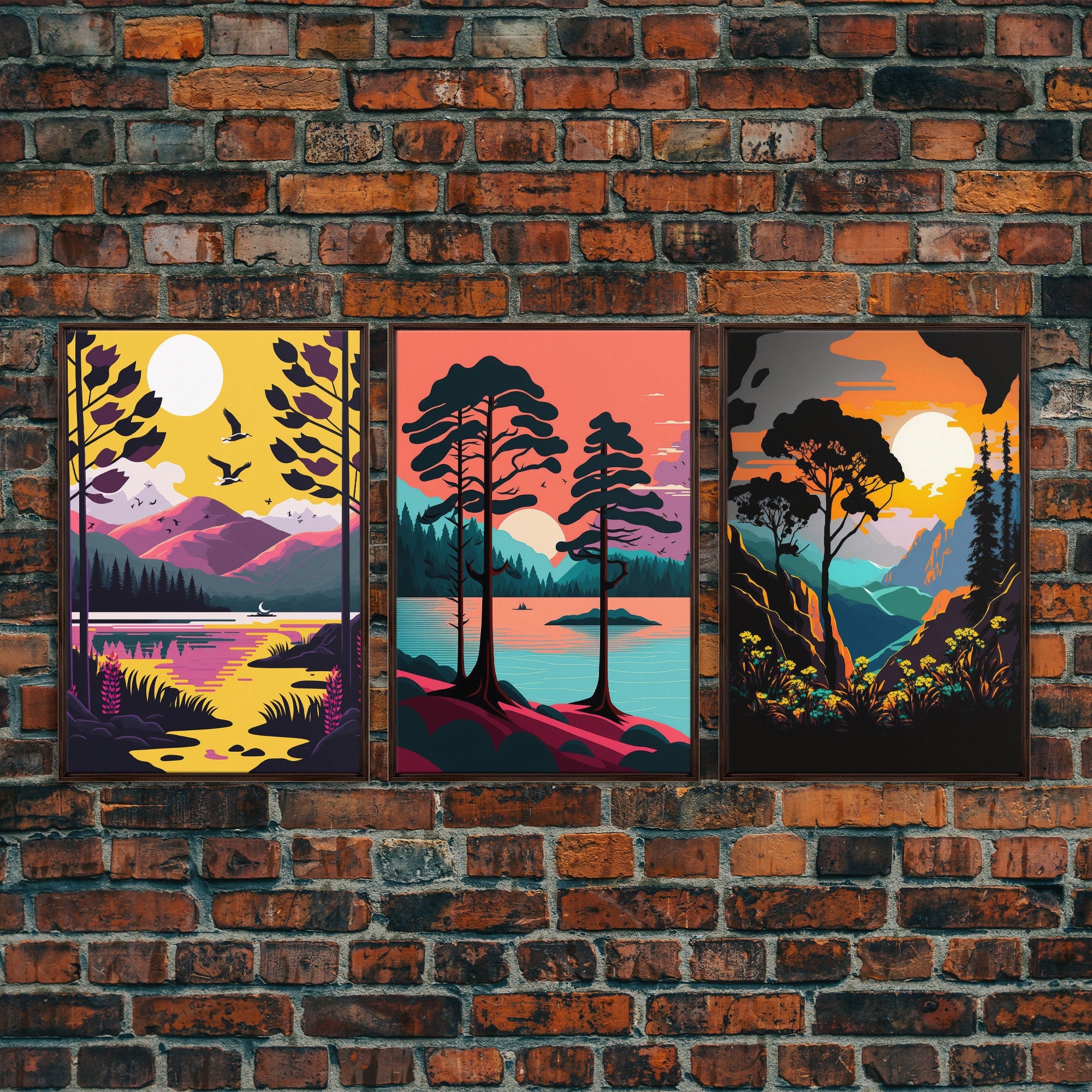3 Piece Framed Canvas Wall Art, Mountain Range Top Print