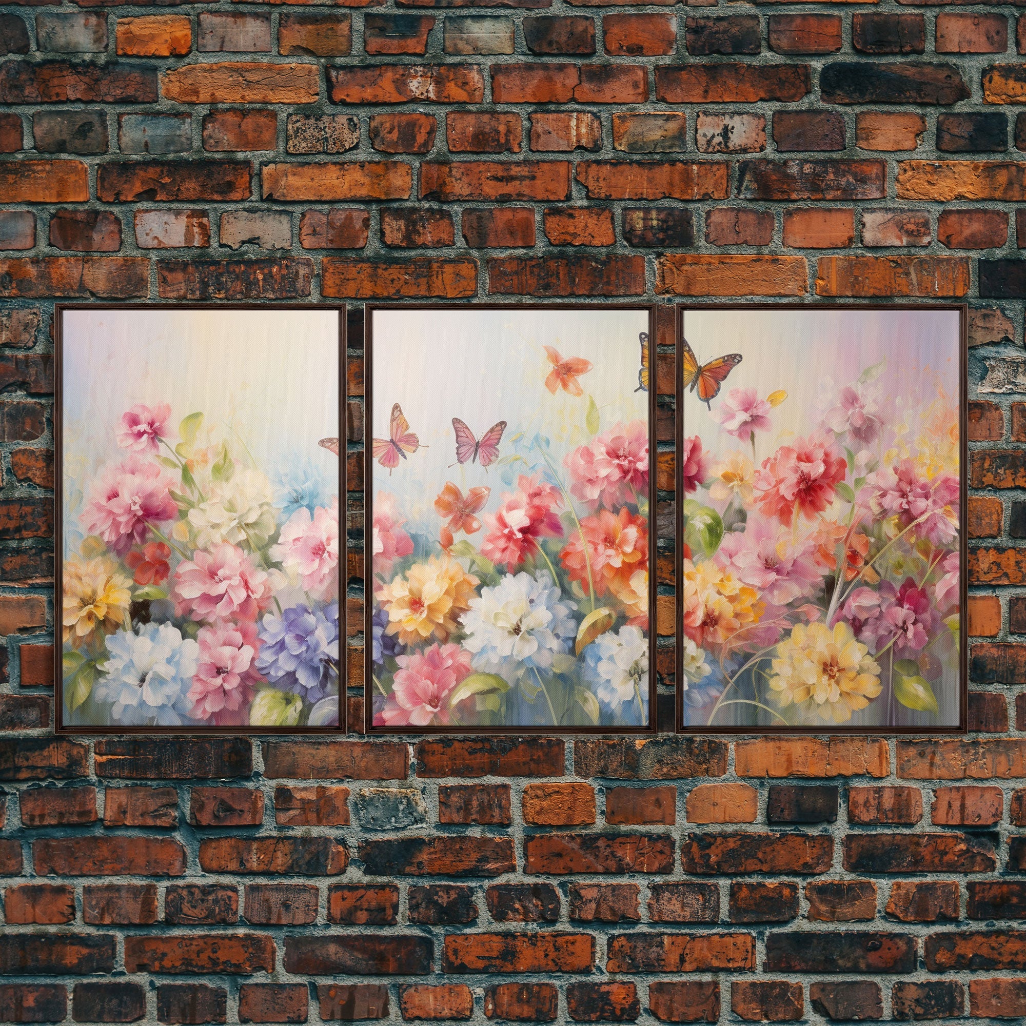 Peony Wall Art, Butterflies Art, Canvas Print, 3 Piece Wall Art