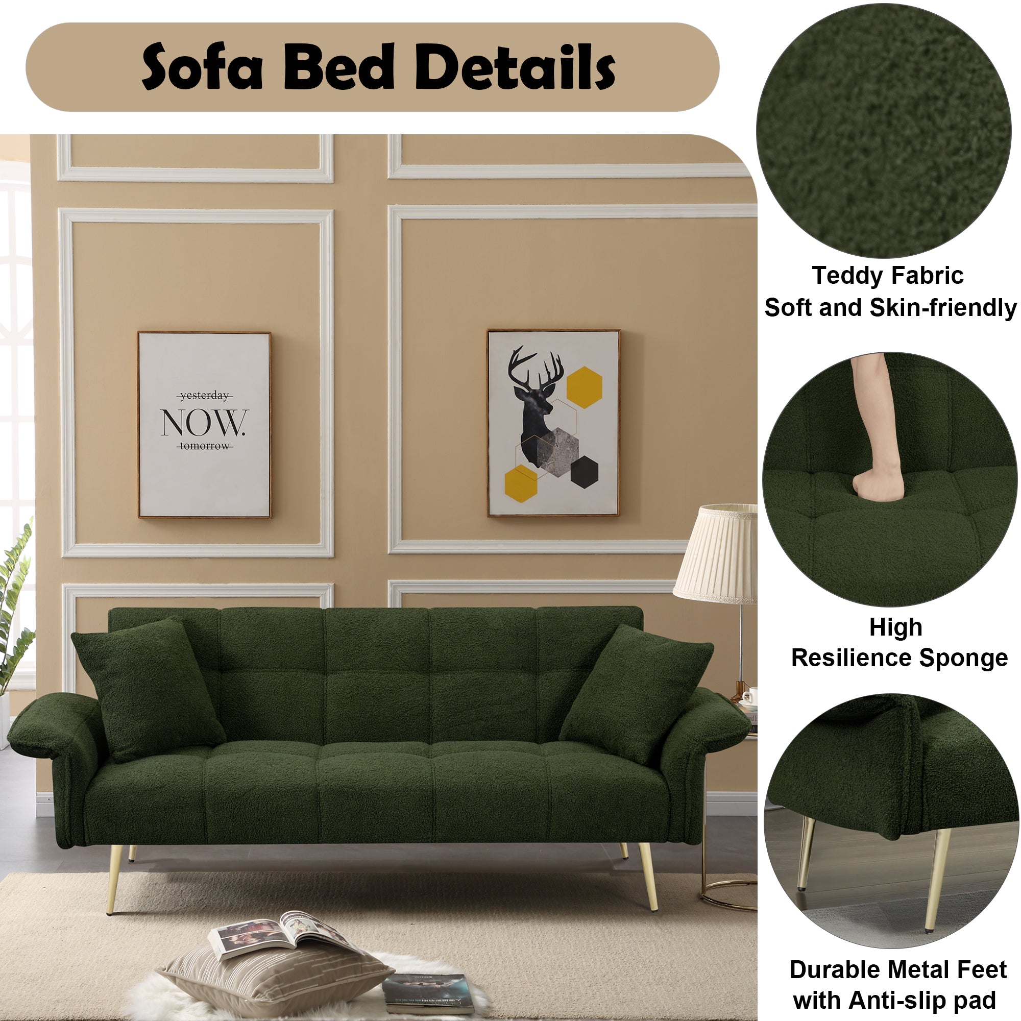 70.1 'Futon Sofa Bed with Folding Armrests