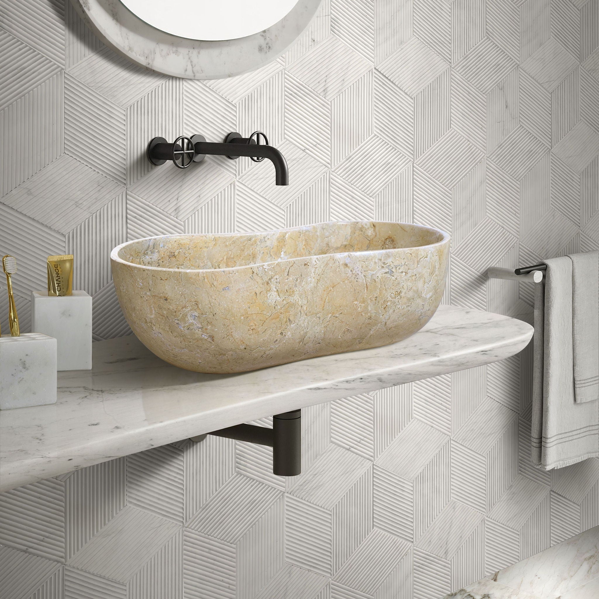 Bathroom Vessel Sink With Wavy Design by Couch