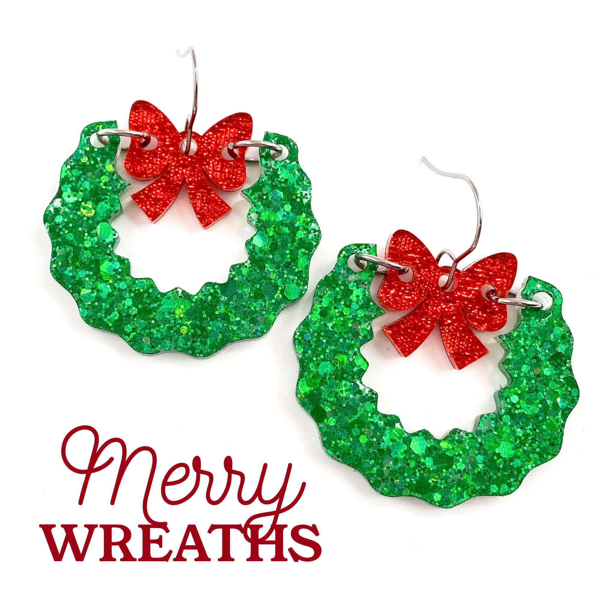 Red and Green Merry Wreath Dangles - Christmas Earrings by Doohickies Wholesale