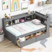 Twin Size L-shaped Bookcases Bed with Power Outlets, USB Charging Ports,Two Drawers,Grey by 39F INC.