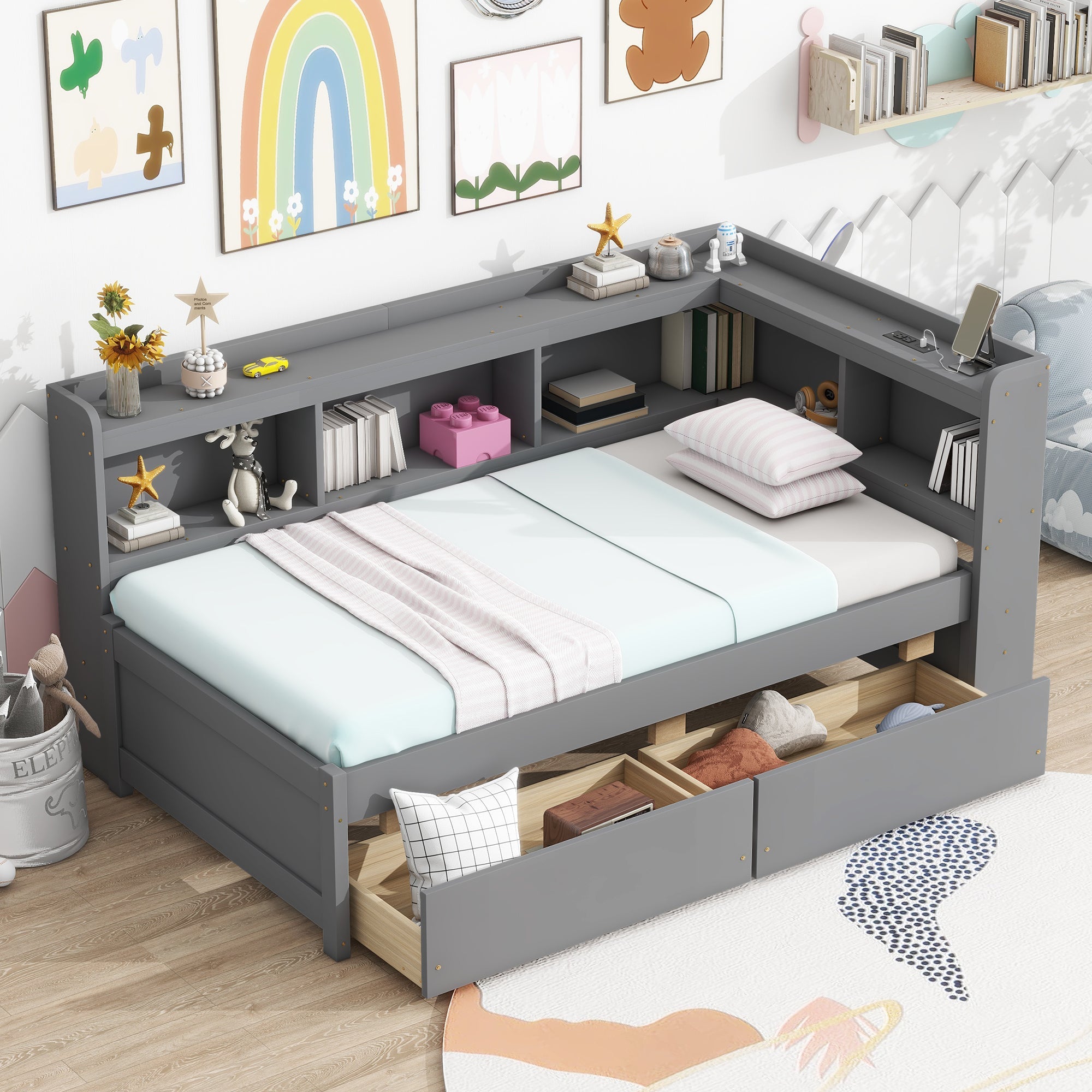Twin Size L-shaped Bookcases Bed with Power Outlets, USB Charging Ports,Two Drawers,Grey by 39F INC.