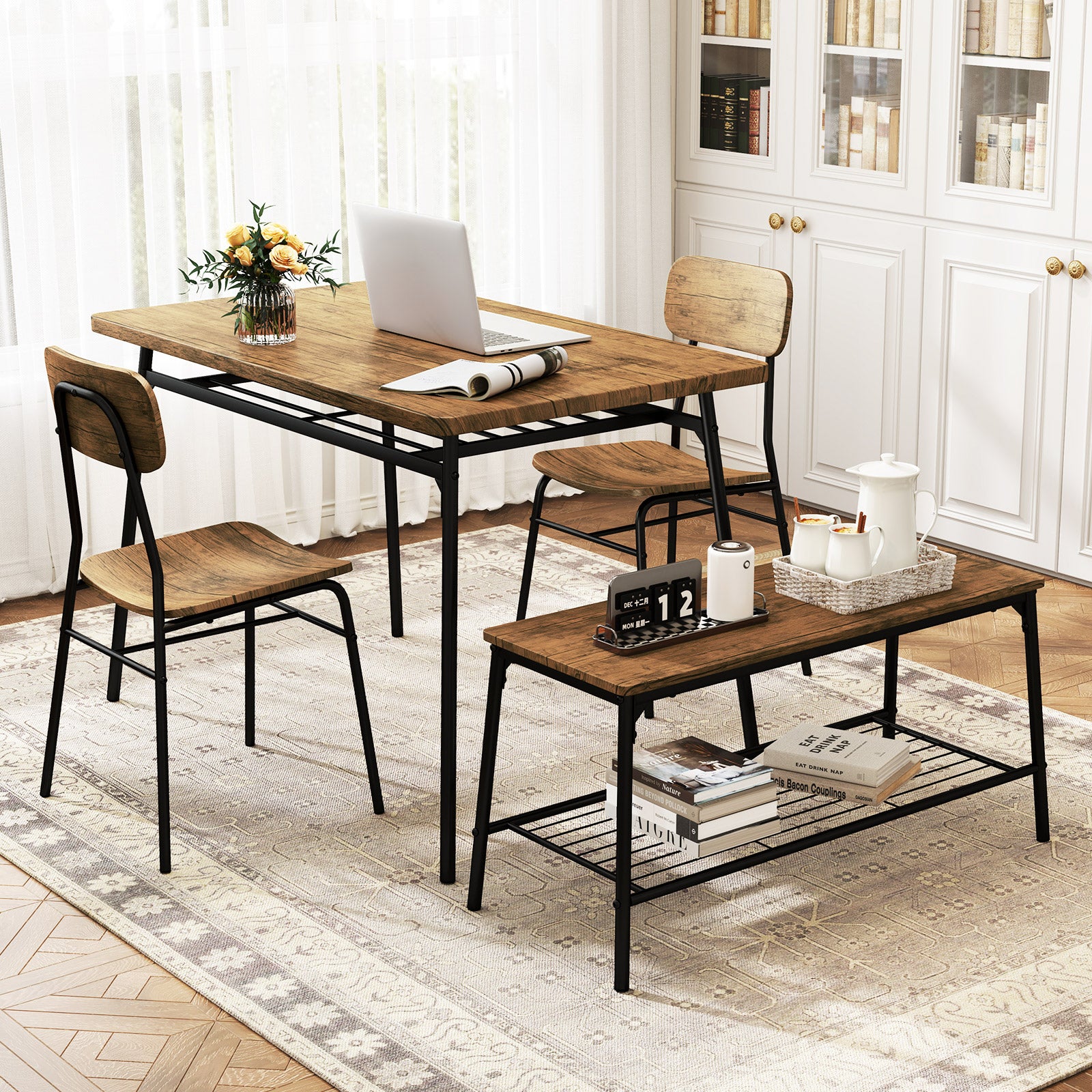 4 Piece Dining Table Set for 4, Metal Frame - Brown