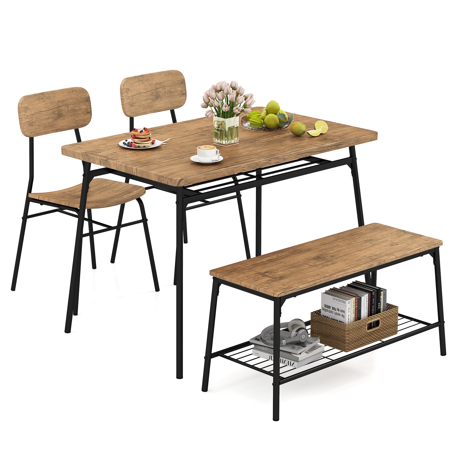 4 Piece Dining Table Set for 4, Metal Frame - Brown