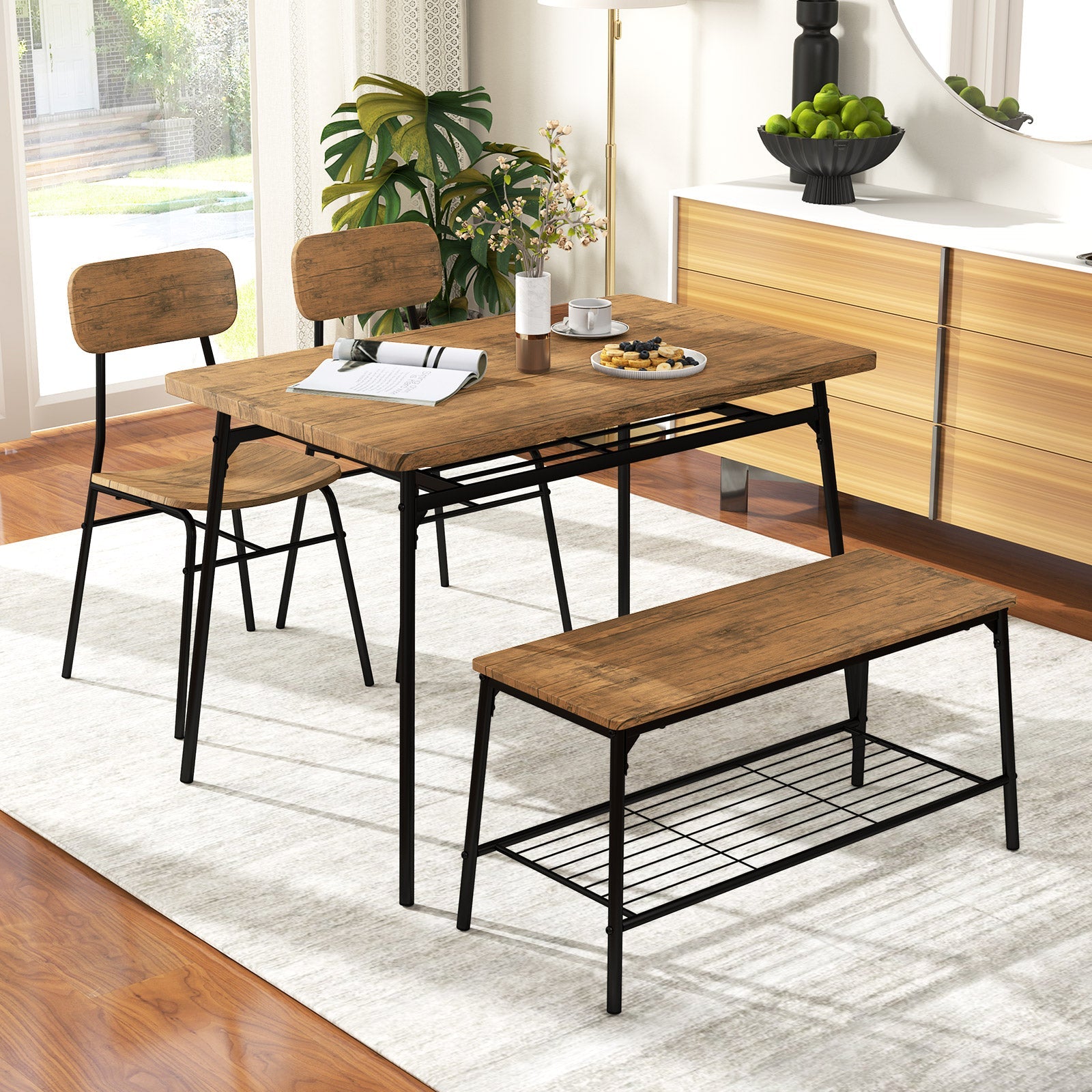 4 Piece Dining Table Set for 4, Metal Frame - Brown